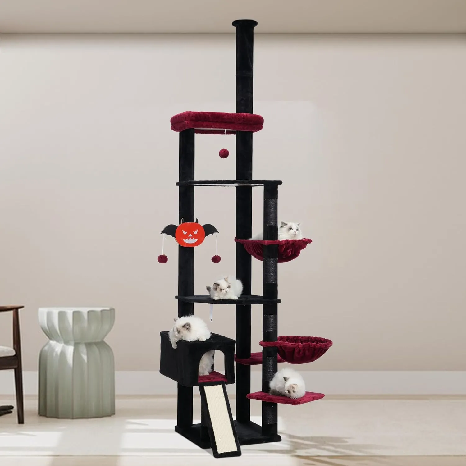 Hebly Cat Tree 92.5-104.3 Inches with Hammock, Floor to Ceiling Gothic Cat Condo,Tall Cat Climbing Tower Adjustable with Scratching Posts for Indoor Cats Black Red HCT091BR