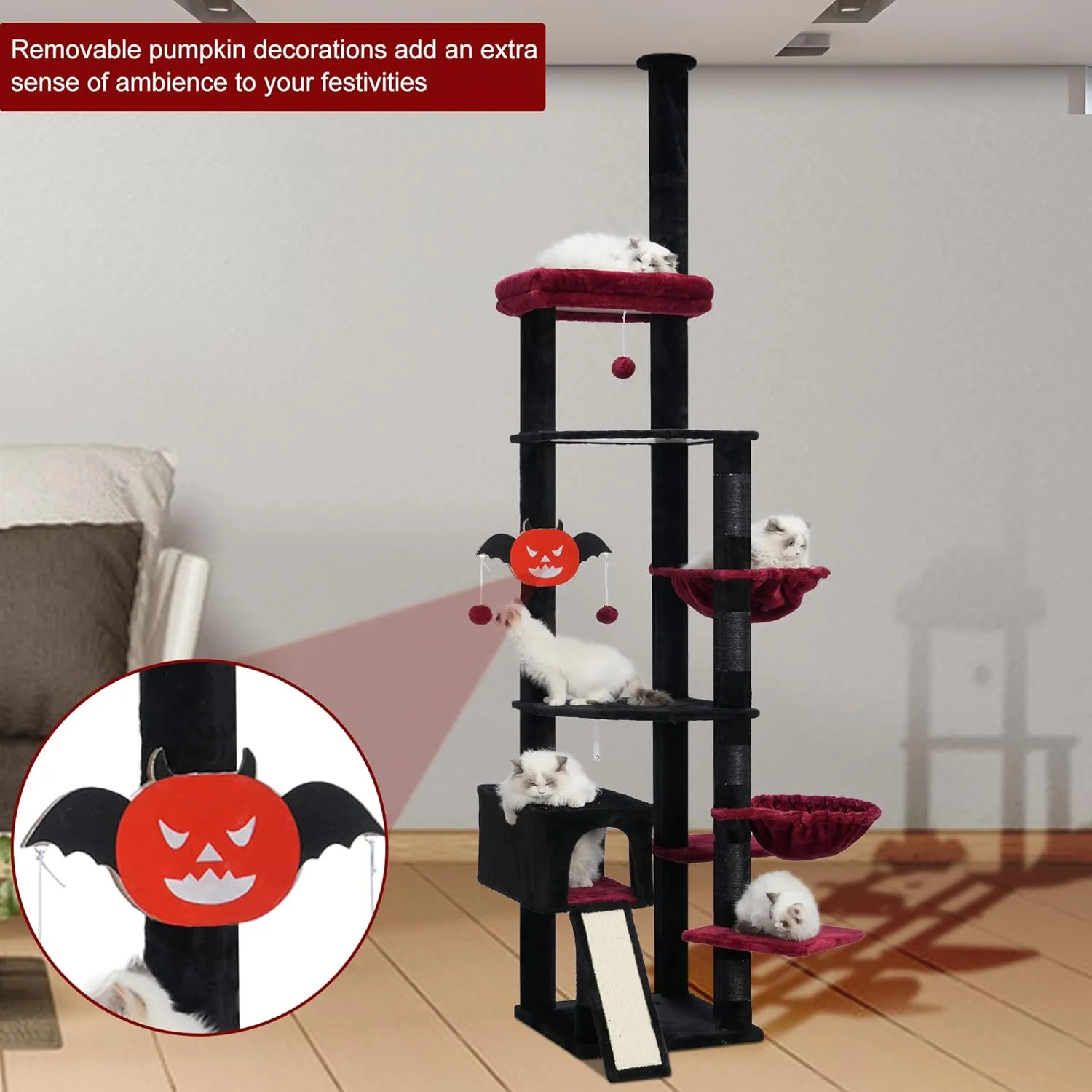 Hebly Cat Tree 92.5-104.3 Inches with Hammock, Floor to Ceiling Gothic Cat Condo,Tall Cat Climbing Tower Adjustable with Scratching Posts for Indoor Cats Black Red HCT091BR