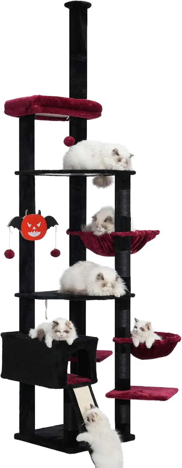 Hebly Cat Tree 92.5-104.3 Inches with Hammock, Floor to Ceiling Gothic Cat Condo,Tall Cat Climbing Tower Adjustable with Scratching Posts for Indoor Cats Black Red HCT091BR