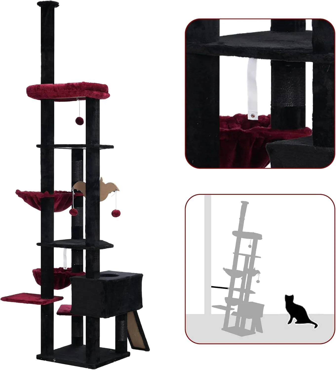 Hebly Cat Tree 92.5-104.3 Inches with Hammock, Floor to Ceiling Gothic Cat Condo,Tall Cat Climbing Tower Adjustable with Scratching Posts for Indoor Cats Black Red HCT091BR