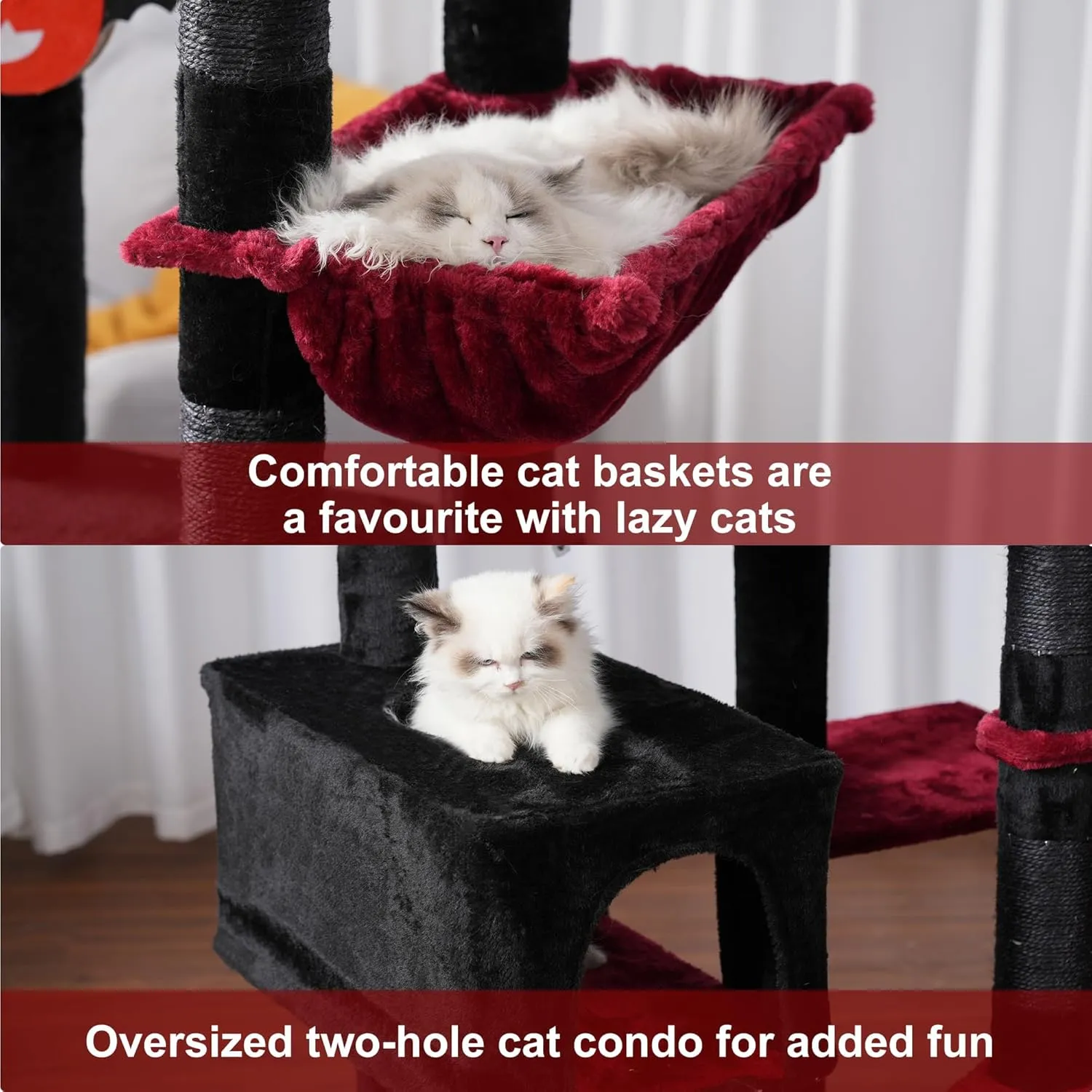Hebly Cat Tree 92.5-104.3 Inches with Hammock, Floor to Ceiling Gothic Cat Condo,Tall Cat Climbing Tower Adjustable with Scratching Posts for Indoor Cats Black Red HCT091BR