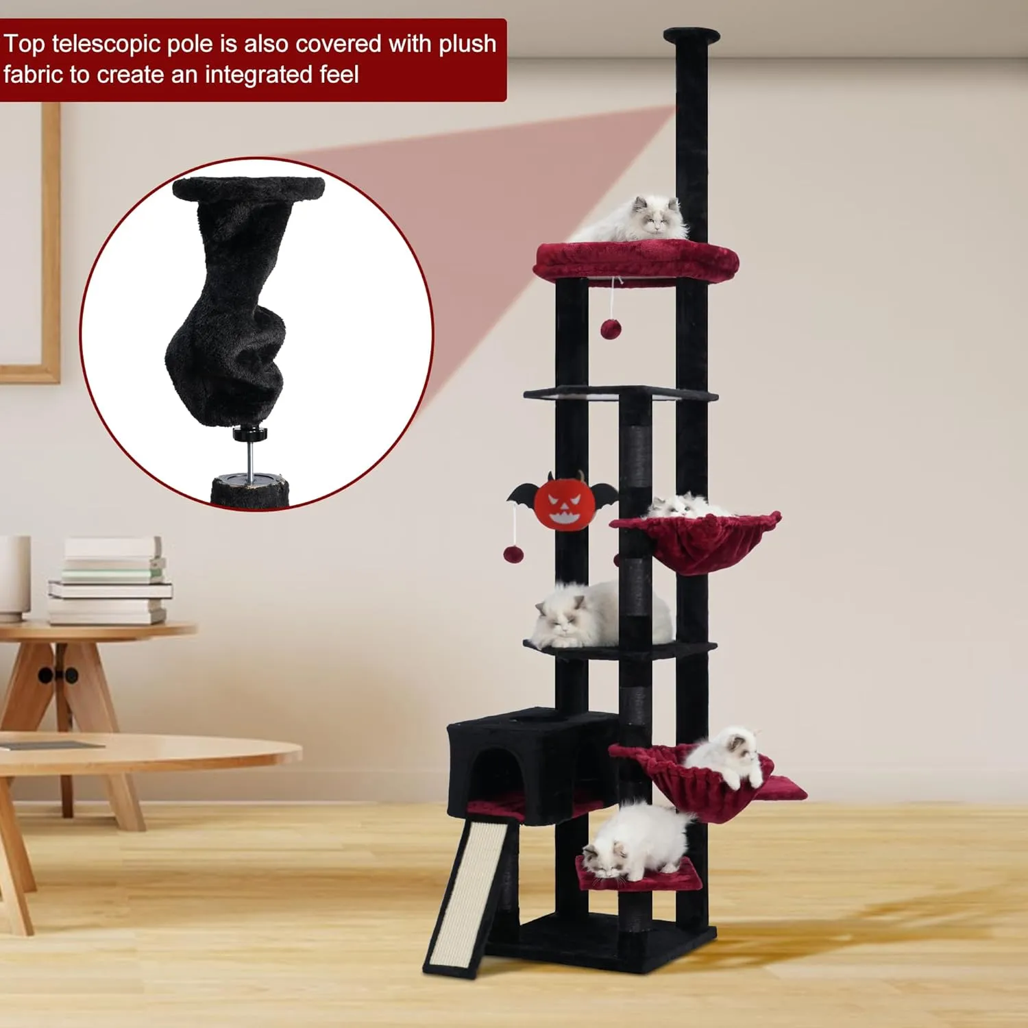 Hebly Cat Tree 92.5-104.3 Inches with Hammock, Floor to Ceiling Gothic Cat Condo,Tall Cat Climbing Tower Adjustable with Scratching Posts for Indoor Cats Black Red HCT091BR