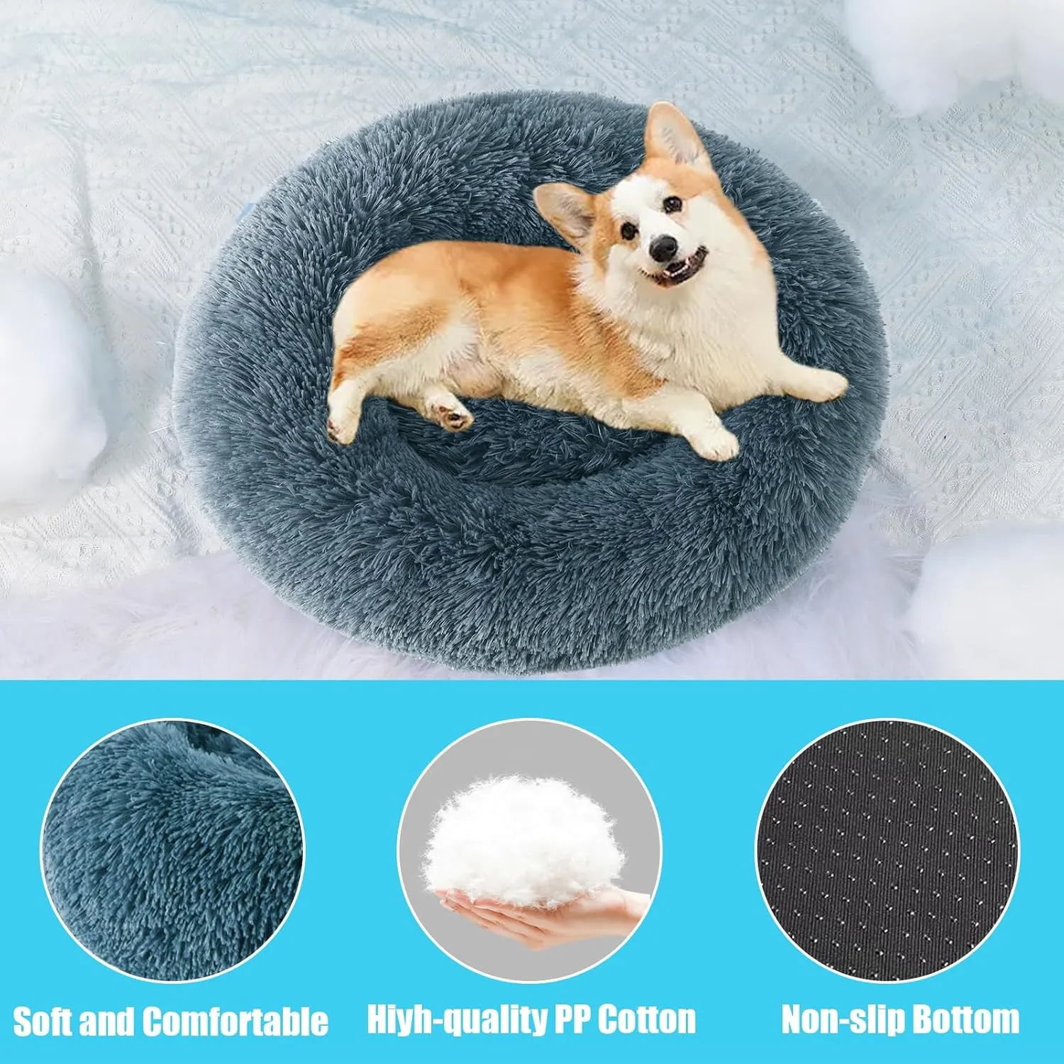 HYQ Small Dog Bed, Cat Beds for Indoor Cats, Pet Beds for Small Dogs, Fluffy Faux Fur Plush Washable Puppy Bed with Anti-Slip Bottom (Blue Gray, 20 Inch)
