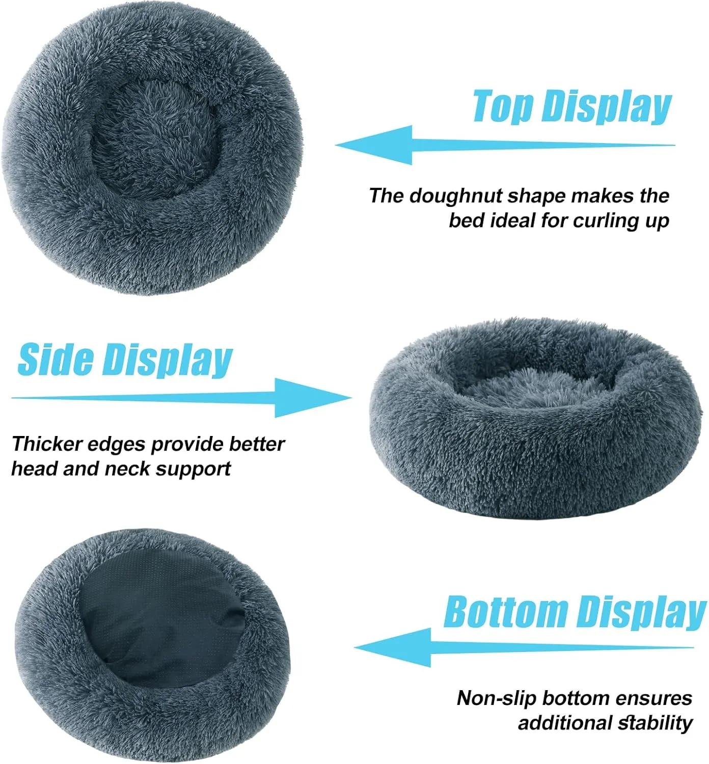 HYQ Small Dog Bed, Cat Beds for Indoor Cats, Pet Beds for Small Dogs, Fluffy Faux Fur Plush Washable Puppy Bed with Anti-Slip Bottom (Blue Gray, 20 Inch)