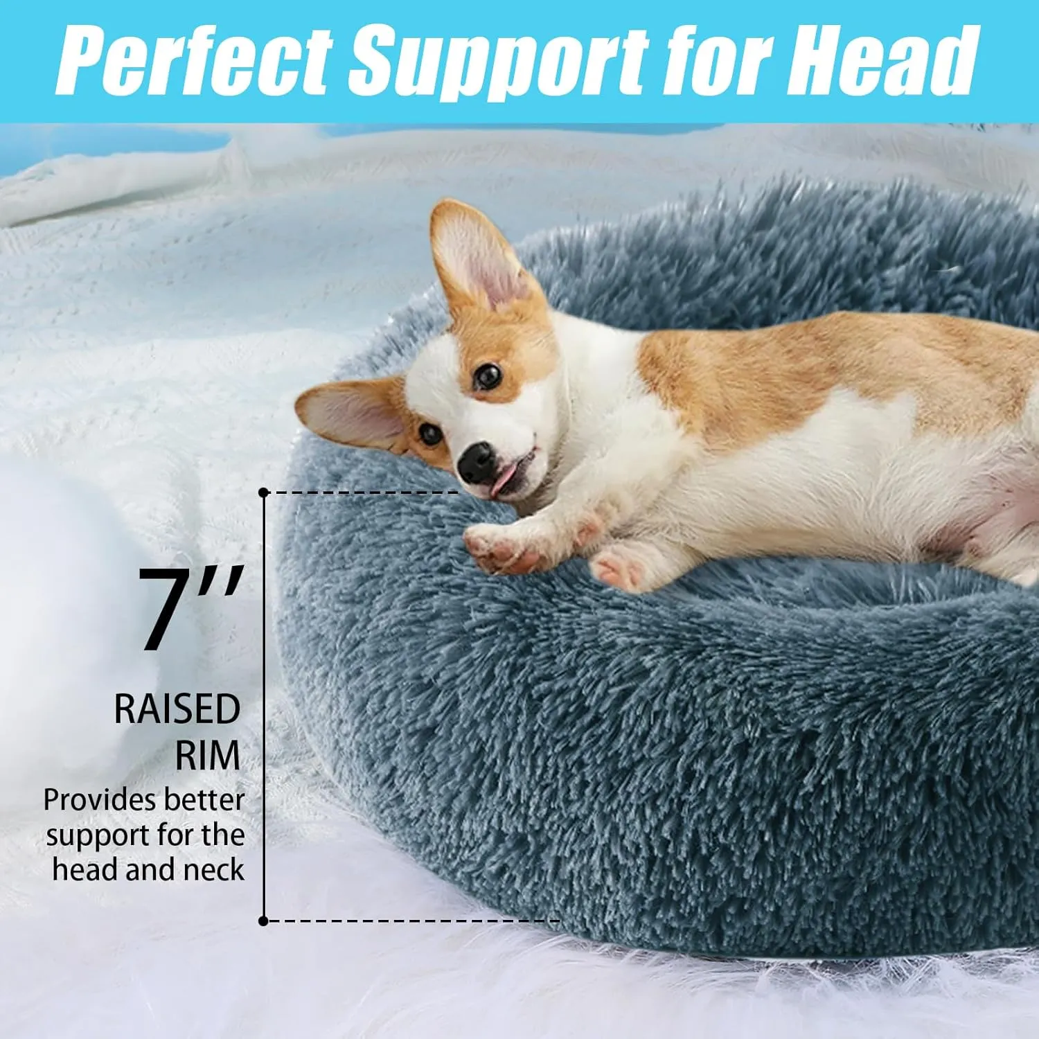 HYQ Small Dog Bed, Cat Beds for Indoor Cats, Pet Beds for Small Dogs, Fluffy Faux Fur Plush Washable Puppy Bed with Anti-Slip Bottom (Blue Gray, 20 Inch)