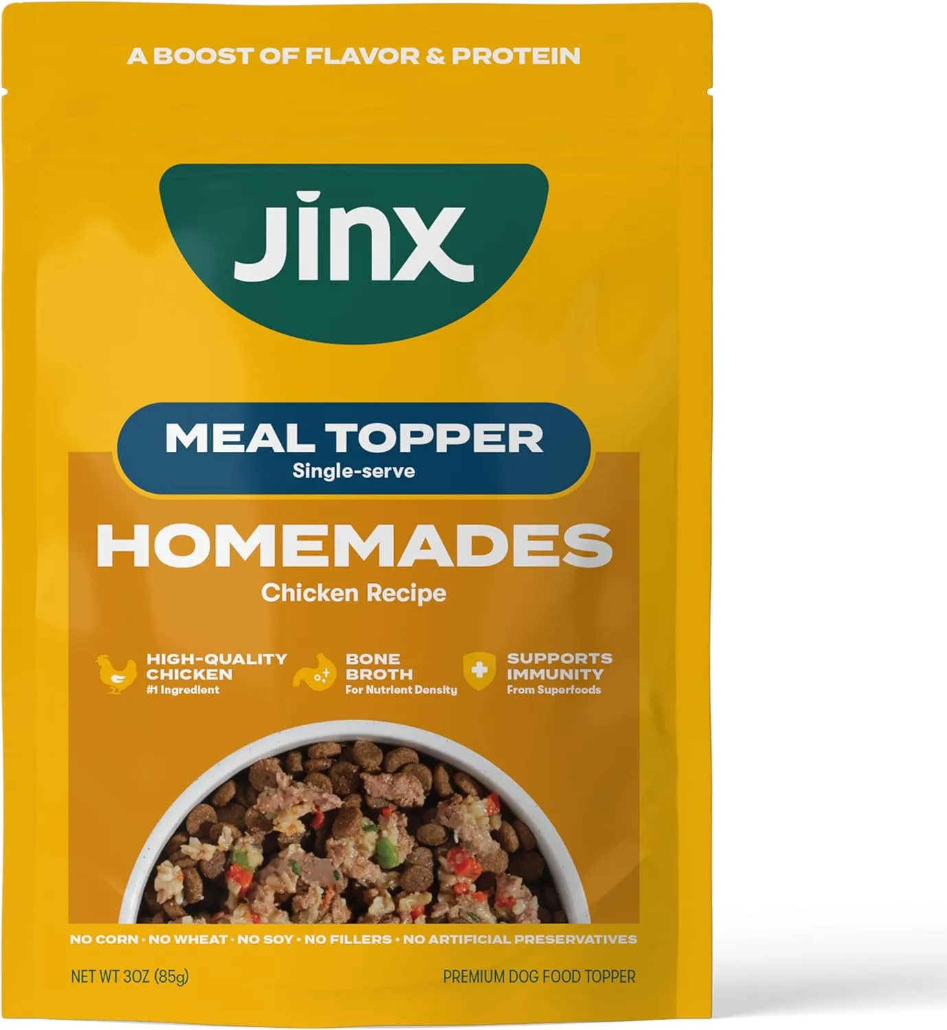 Jinx Chicken Grain-Free Wet Dog Food Toppers, No Fillers, Small & Large Breed Puppy & Senior Dogs, 3-oz Pouches, case of 8 Count