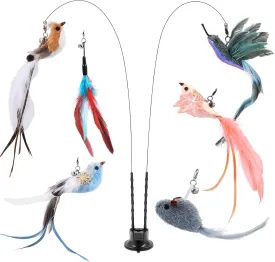 KeeKit Interactive Bird Simulation Cat Toy Set, Cat Feather Toy for Indoor Kitten, with Self-Holding Suction Base, 2 Flexible Steel Wire, 4 Replacement Birds, Feathers & Bells