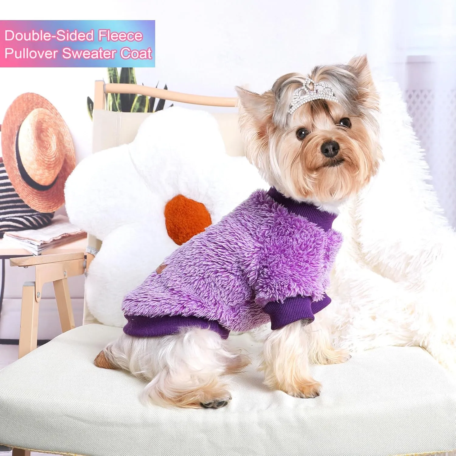 Kosiyi Dog Sweaters for Small Dogs Girl Boy, Puppy Clothes Chihuahua Teacup Yorkie Fleece Sweaters Spring Winter Warm Sweater Tiny Dog Outfits Pet Clothes Cat Sweater (Purple, XX-Small)