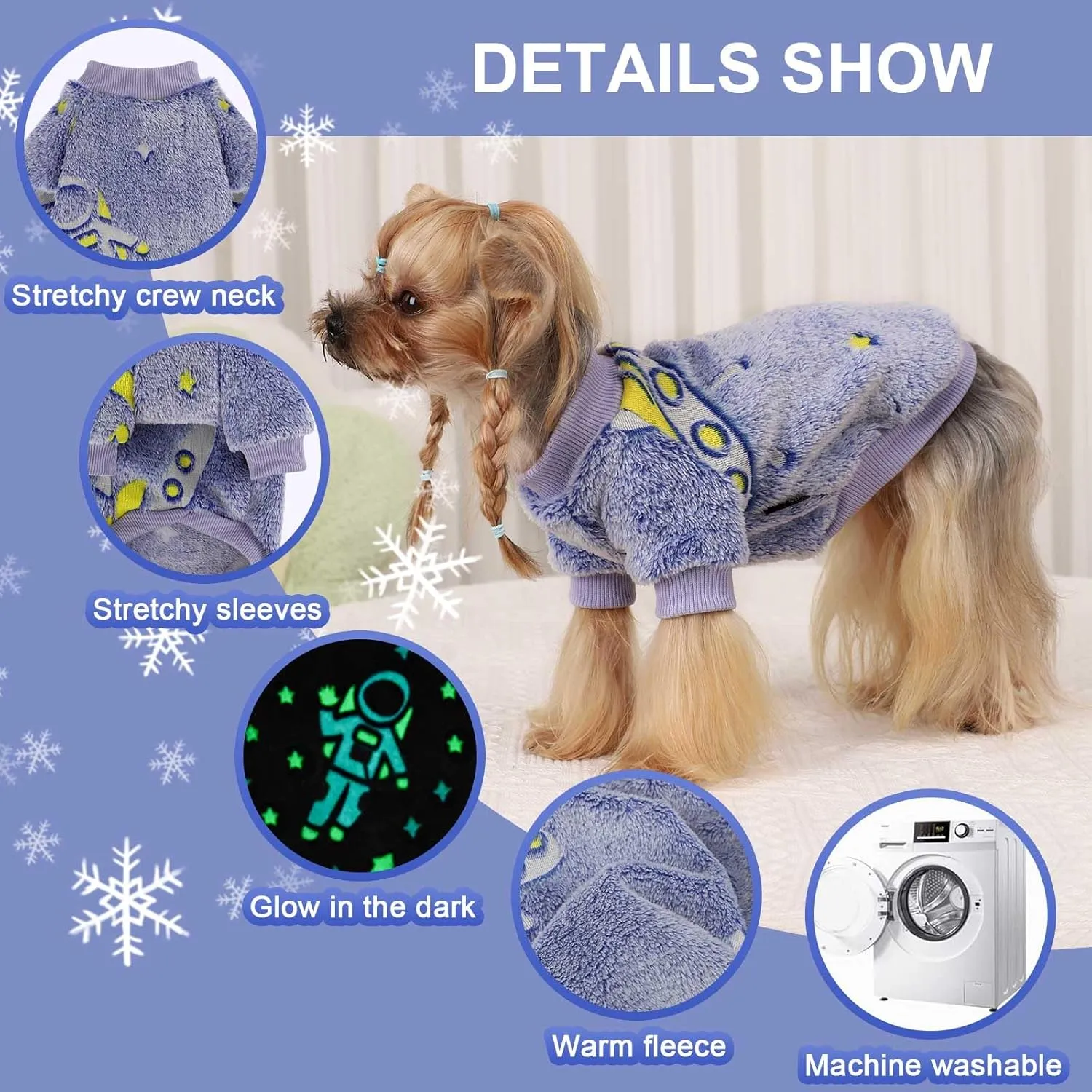 Kosiyi Small Dog Sweater Night Glow Fleece Clothes for Girl Boy, Warm Pullover Sweatshirt, Winter Pet Coat Jacket Cat Costume, Female Male Puppy Outfit
