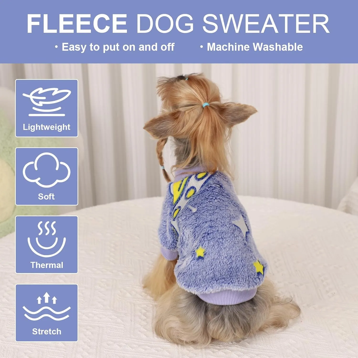 Kosiyi Small Dog Sweater Night Glow Fleece Clothes for Girl Boy, Warm Pullover Sweatshirt, Winter Pet Coat Jacket Cat Costume, Female Male Puppy Outfit