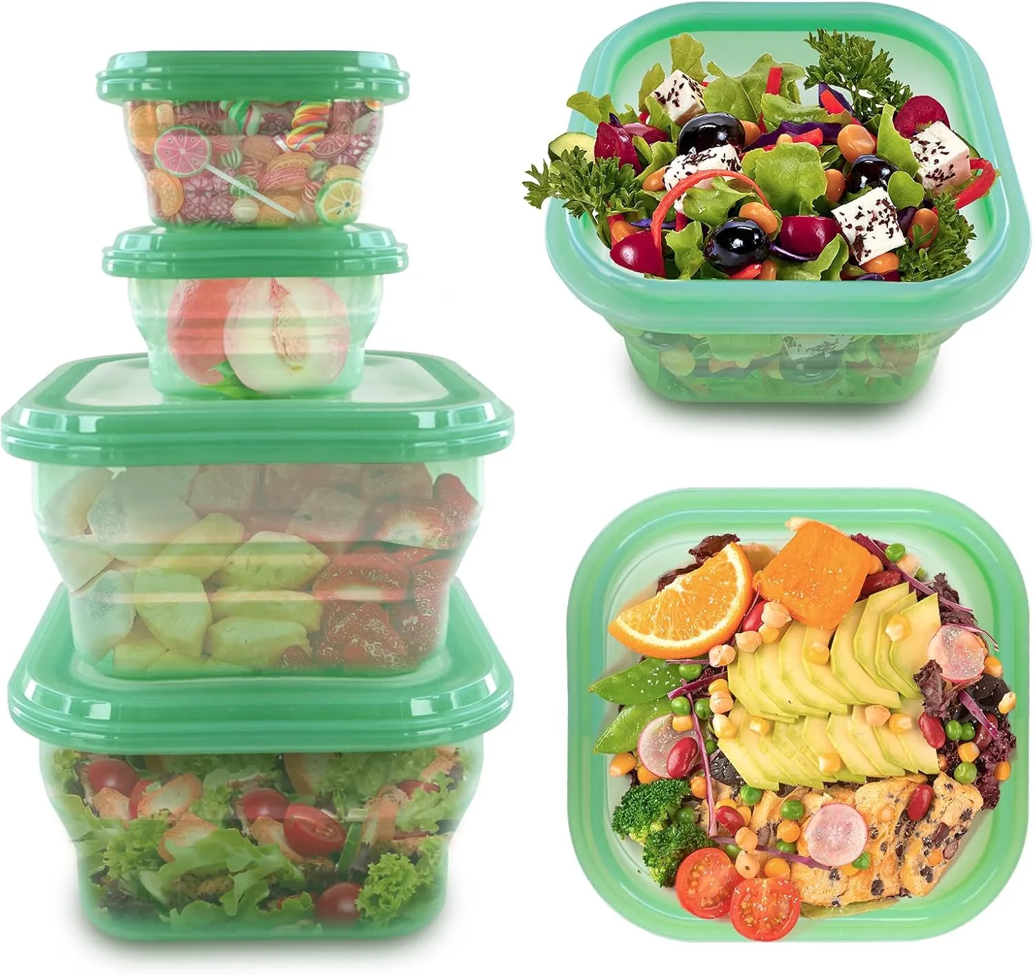 KVK 4 Pack Collapsible Food Storage Containers, Silicone Food Storage Containers With Lids, Green Reusable Collapsible Bowls For Camping, Kitchen, Travel, Pets, Lunch