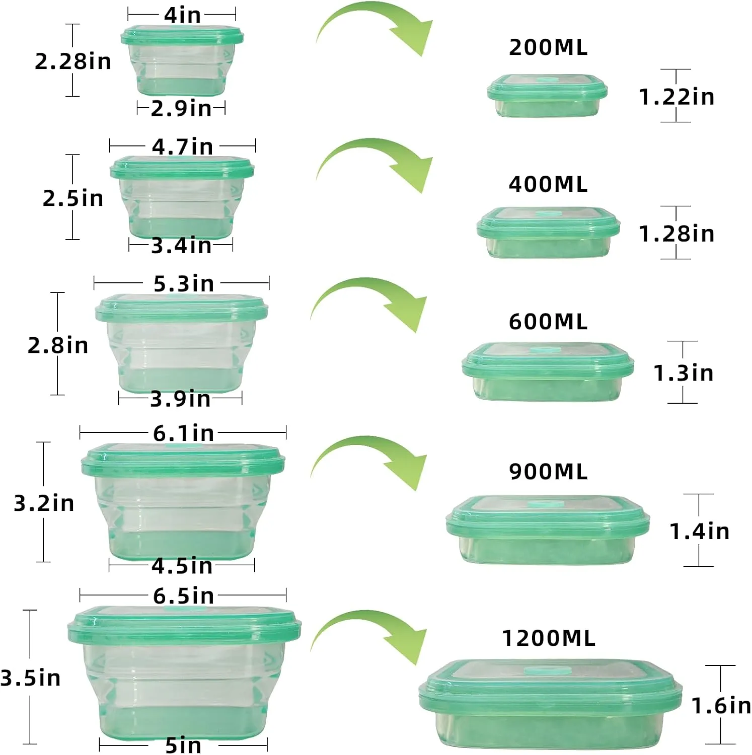 KVK 4 Pack Collapsible Food Storage Containers, Silicone Food Storage Containers With Lids, Green Reusable Collapsible Bowls For Camping, Kitchen, Travel, Pets, Lunch