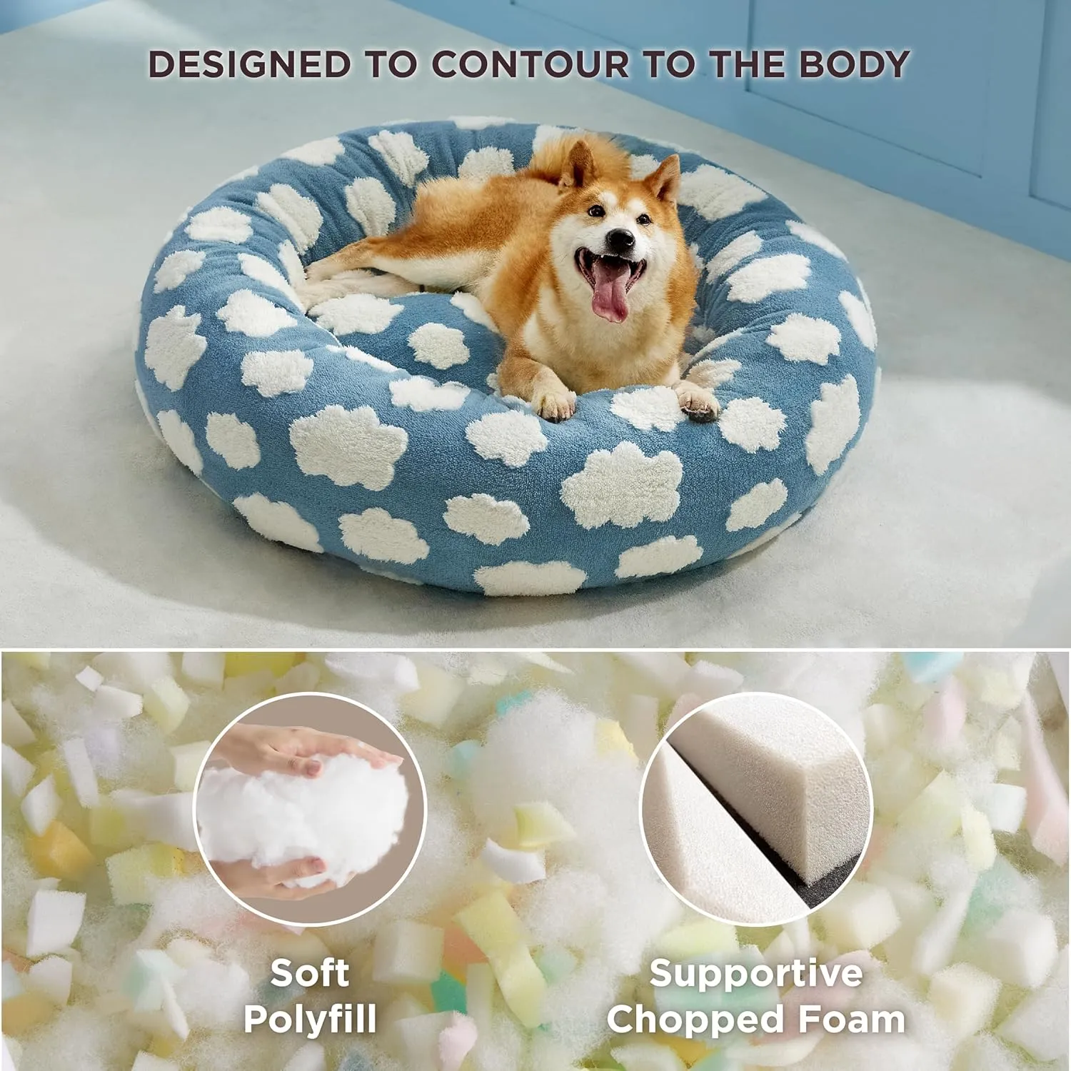 Lesure Donut Dog Beds Large Sized Dog - Round Pet Beds for Calming Puppy with Washable Cover, Orthopedic Modern Beds with Jacquard Shaggy Plush & Anti Slip Bottom, 36 InchBlue