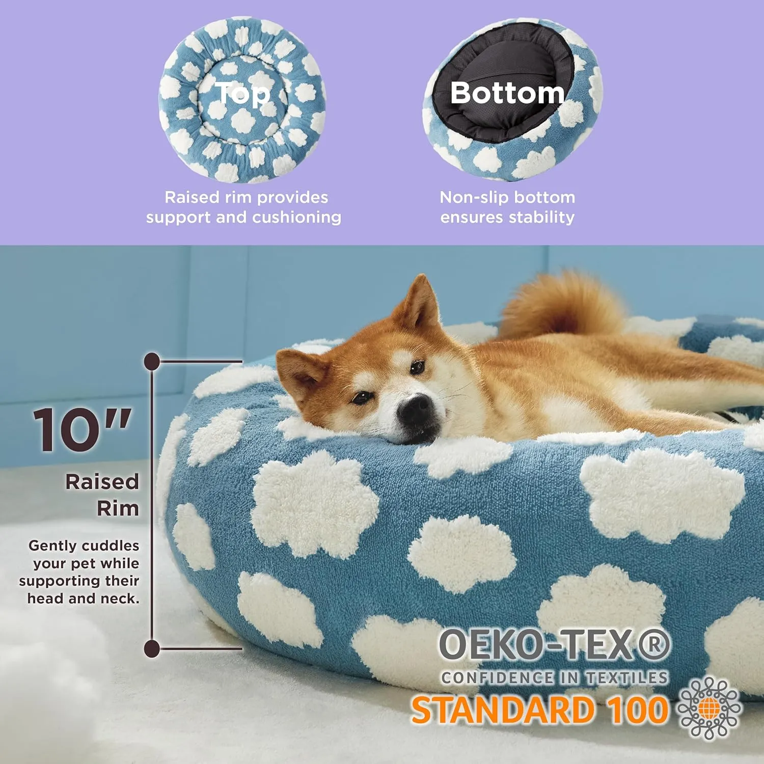 Lesure Donut Dog Beds Large Sized Dog - Round Pet Beds for Calming Puppy with Washable Cover, Orthopedic Modern Beds with Jacquard Shaggy Plush & Anti Slip Bottom, 36 InchBlue