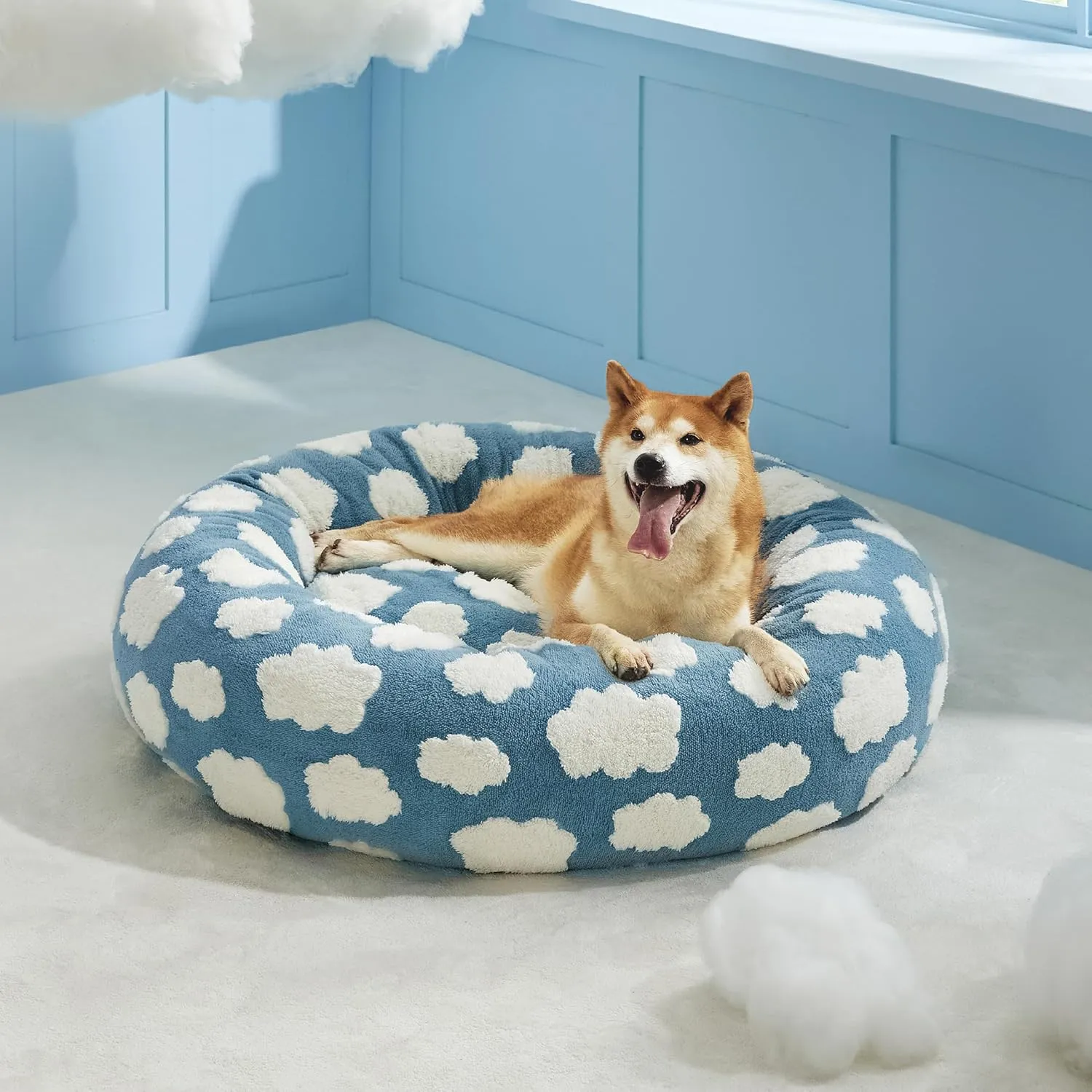Lesure Donut Dog Beds Large Sized Dog - Round Pet Beds for Calming Puppy with Washable Cover, Orthopedic Modern Beds with Jacquard Shaggy Plush & Anti Slip Bottom, 36 InchBlue