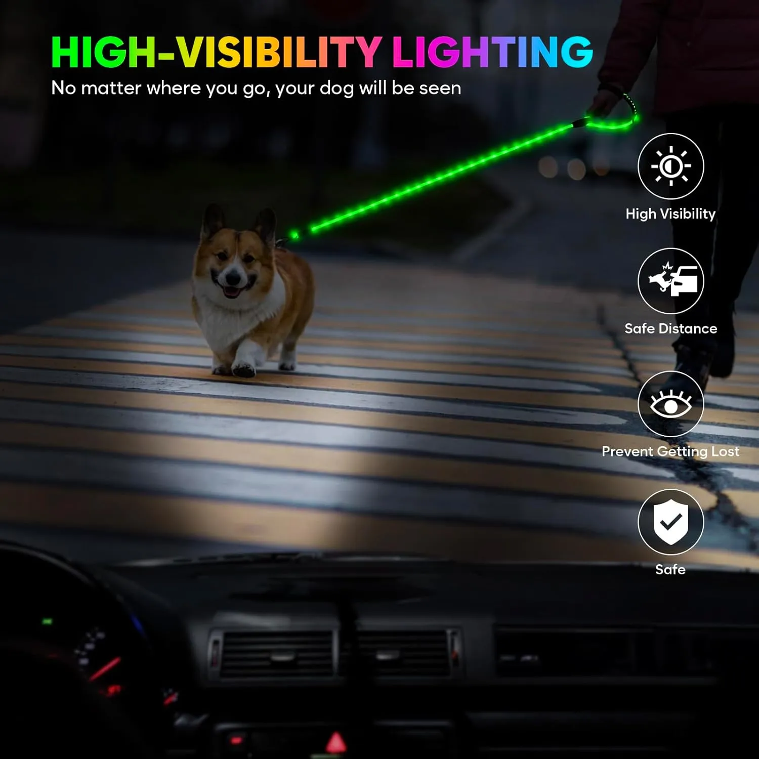 Light Up Dog Leash, YFbrite Glow in The Dark Leashes with 13 Lighting Modes, Rechargeable Dog Lights for Night Walking for Small Medium Large Dogs (Multi-Color-1, 5 FT (150cm))