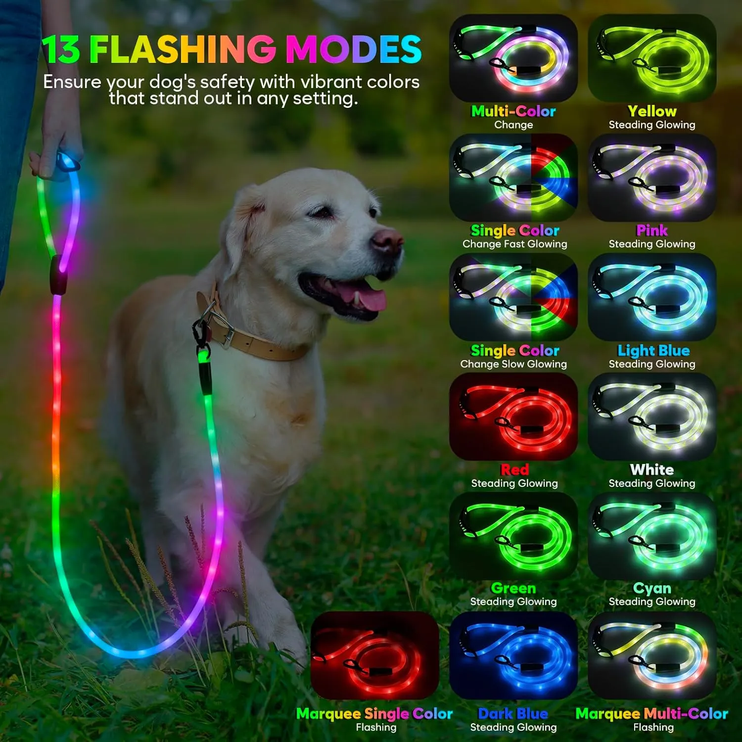 Light Up Dog Leash, YFbrite Glow in The Dark Leashes with 13 Lighting Modes, Rechargeable Dog Lights for Night Walking for Small Medium Large Dogs (Multi-Color-1, 5 FT (150cm))