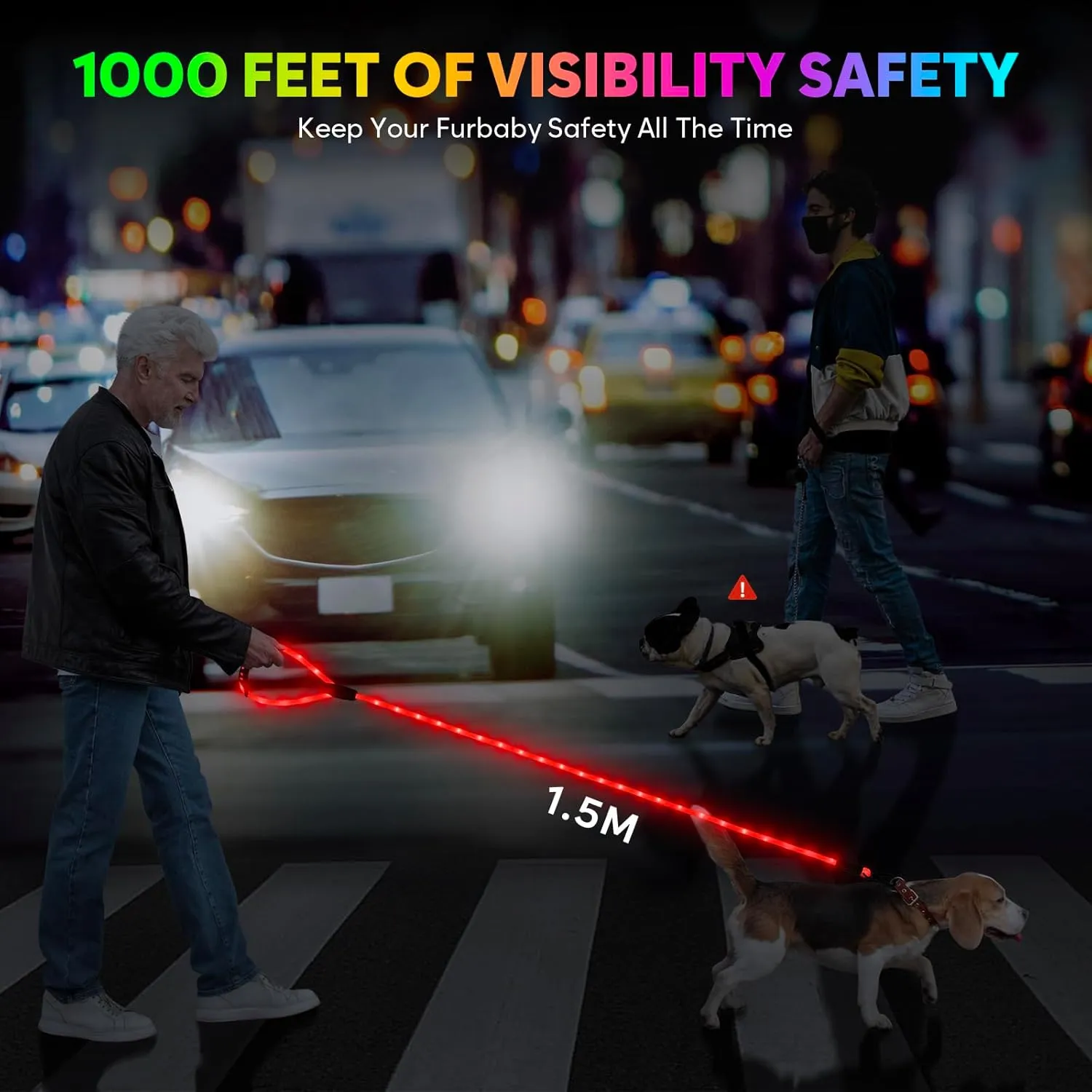 Light Up Dog Leash, YFbrite Glow in The Dark Leashes with 13 Lighting Modes, Rechargeable Dog Lights for Night Walking for Small Medium Large Dogs (Multi-Color-1, 5 FT (150cm))