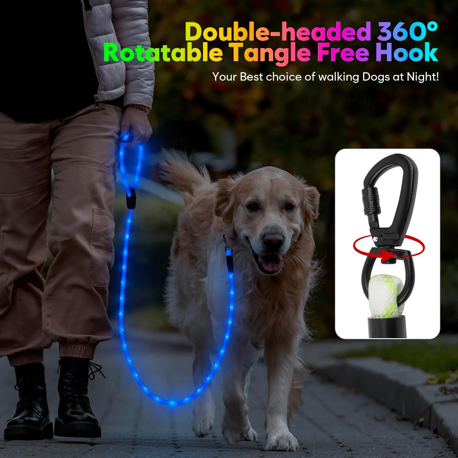 Light Up Dog Leash, YFbrite Glow in The Dark Leashes with 13 Lighting Modes, Rechargeable Dog Lights for Night Walking for Small Medium Large Dogs (Multi-Color-1, 5 FT (150cm))