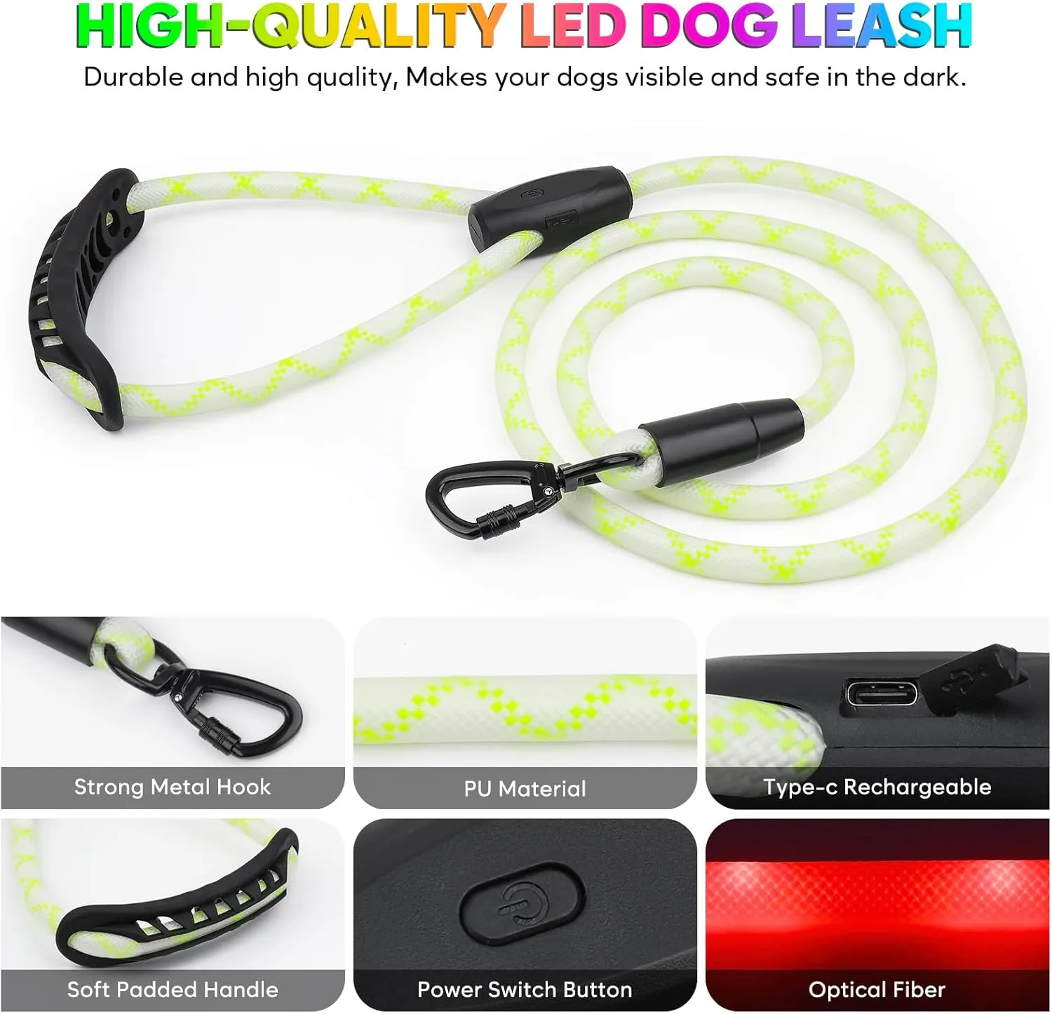 Light Up Dog Leash, YFbrite Glow in The Dark Leashes with 13 Lighting Modes, Rechargeable Dog Lights for Night Walking for Small Medium Large Dogs (Multi-Color-1, 5 FT (150cm))