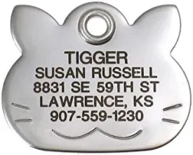 LuckyPet Pet ID Tag - Stainless Steel Cat Face - Durable Cat Tag - Easy to Read - Reflective on Back - Size: Small