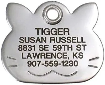 LuckyPet Pet ID Tag - Stainless Steel Cat Face - Durable Cat Tag - Easy to Read - Reflective on Back - Size: Small
