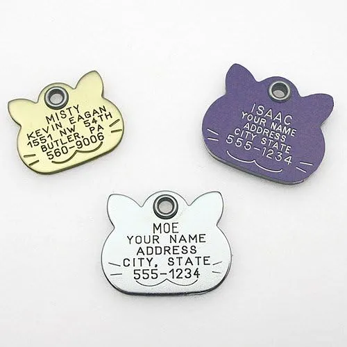 LuckyPet Pet ID Tag - Stainless Steel Cat Face - Durable Cat Tag - Easy to Read - Reflective on Back - Size: Small