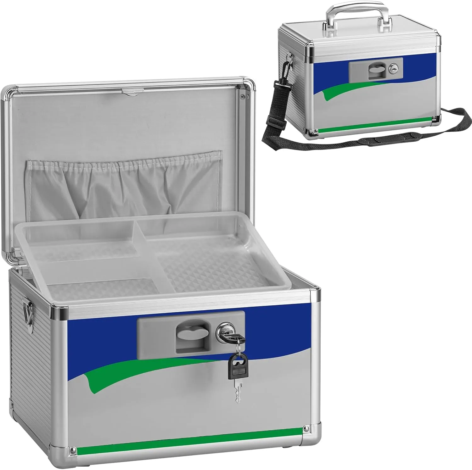 Medicine Lock Box for Safe Medication - 13.4 x 7.6 x 8.2 Inches - Lockable Storage Box for Drugs, First Aid Kit Empty, Lock Boxes with Key for Home/Outdoor (Blue/Large)