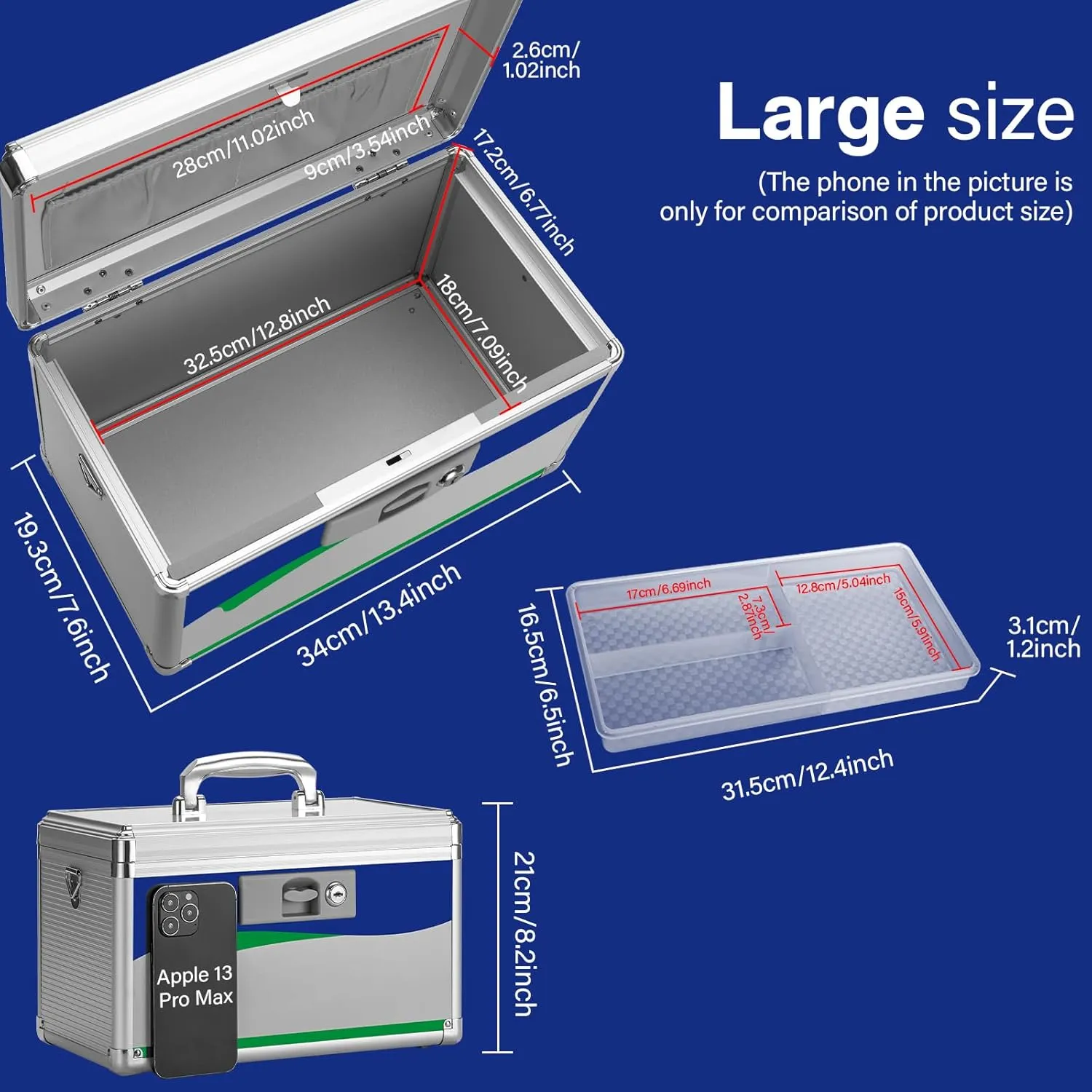 Medicine Lock Box for Safe Medication - 13.4 x 7.6 x 8.2 Inches - Lockable Storage Box for Drugs, First Aid Kit Empty, Lock Boxes with Key for Home/Outdoor (Blue/Large)