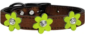 Metallic Flower Leather Collar Bronze With Metallic Lime Green Flowers Size 12