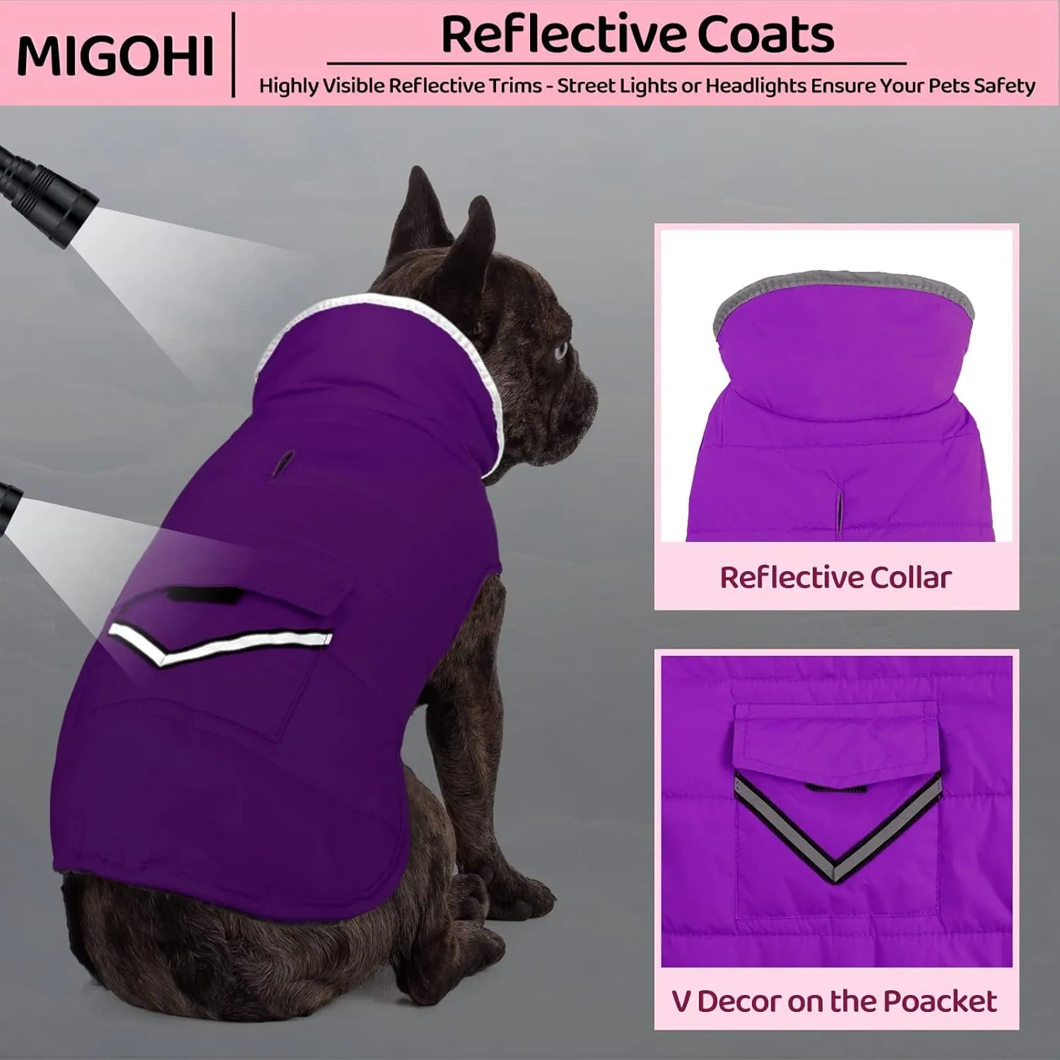 Mighi Winter Dog Jacket, Cold Weather Reflective Fleece Vest with Leash Hole and Furry Collar for Small to Large Dogs, Purple
