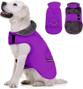 Mighi Winter Dog Jacket, Cold Weather Reflective Fleece Vest with Leash Hole and Furry Collar for Small to Large Dogs, Purple