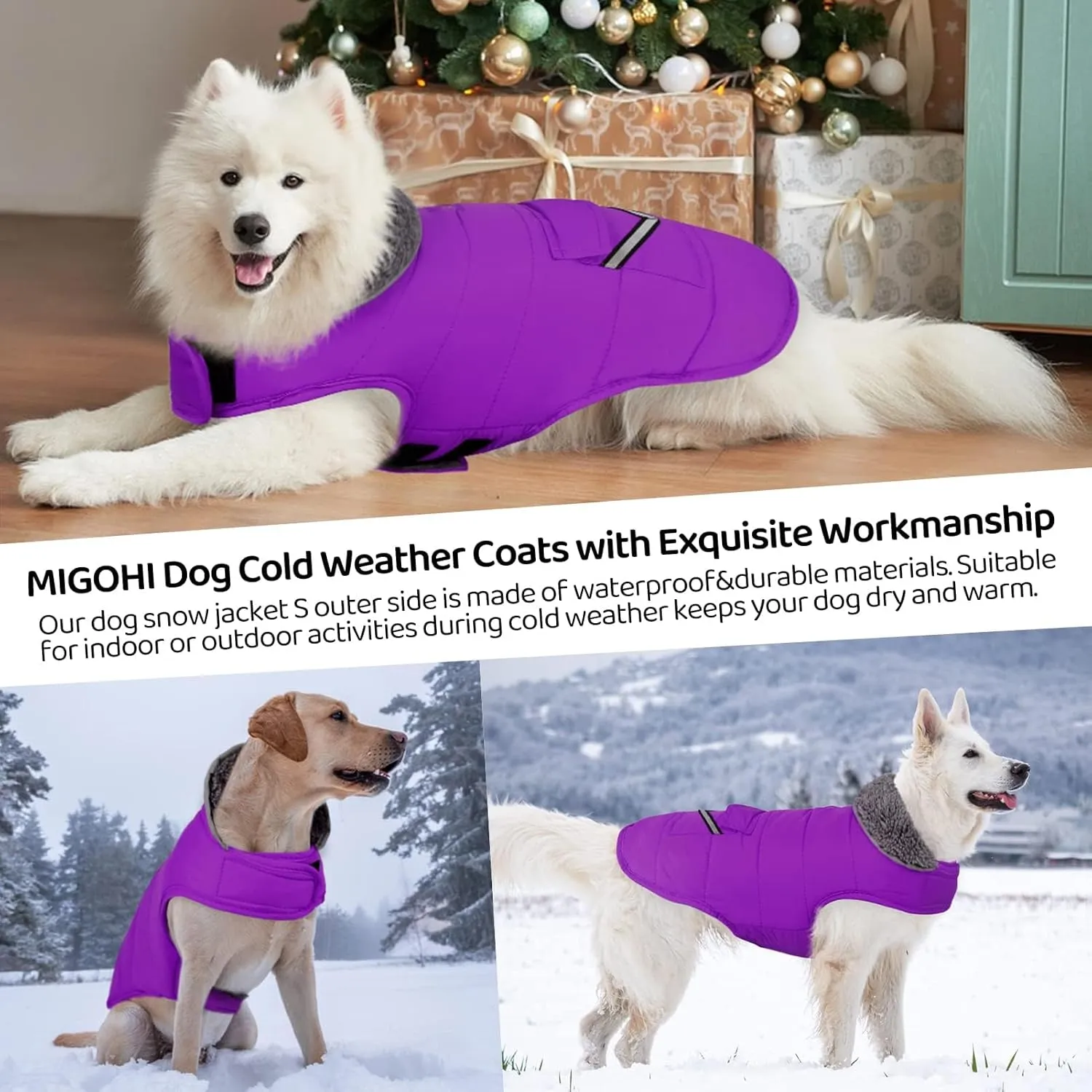 Mighi Winter Dog Jacket, Cold Weather Reflective Fleece Vest with Leash Hole and Furry Collar for Small to Large Dogs, Purple