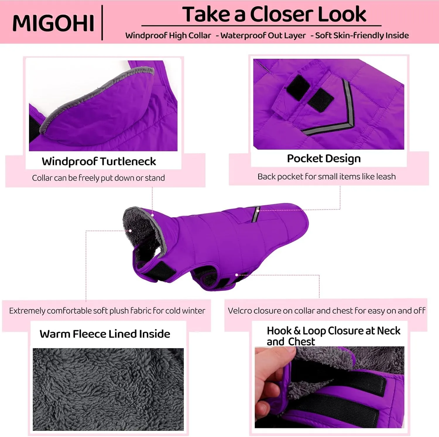 Mighi Winter Dog Jacket, Cold Weather Reflective Fleece Vest with Leash Hole and Furry Collar for Small to Large Dogs, Purple