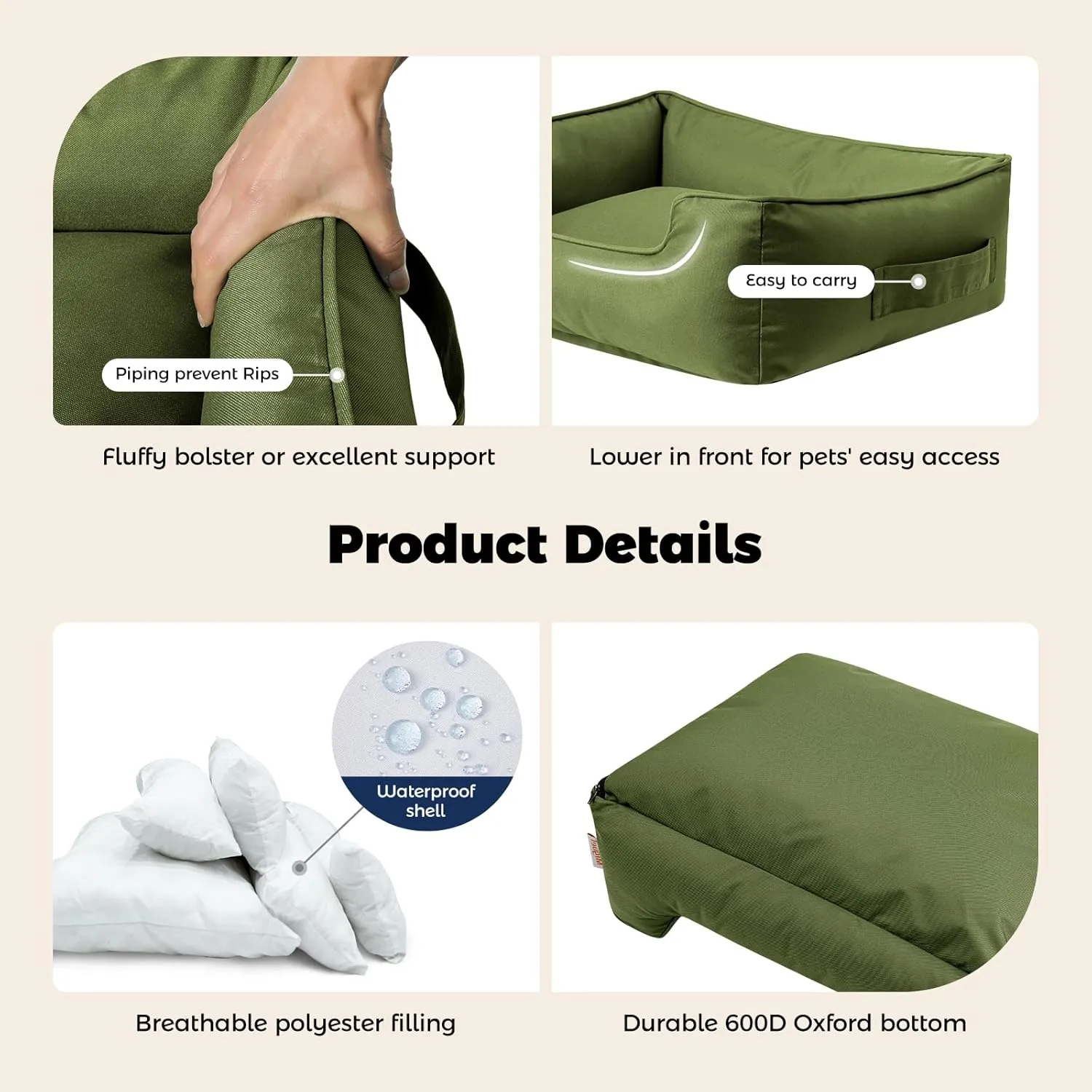 Miguel Waterproof Outdoor Dog Bed for Medium Small Dogs, Oxford Pet Bed Tough with Sides Easy Clean, All Weather Rectangle Puppy Bed with Removable Cover Bolster Bed Scratch Resistant 35 inches