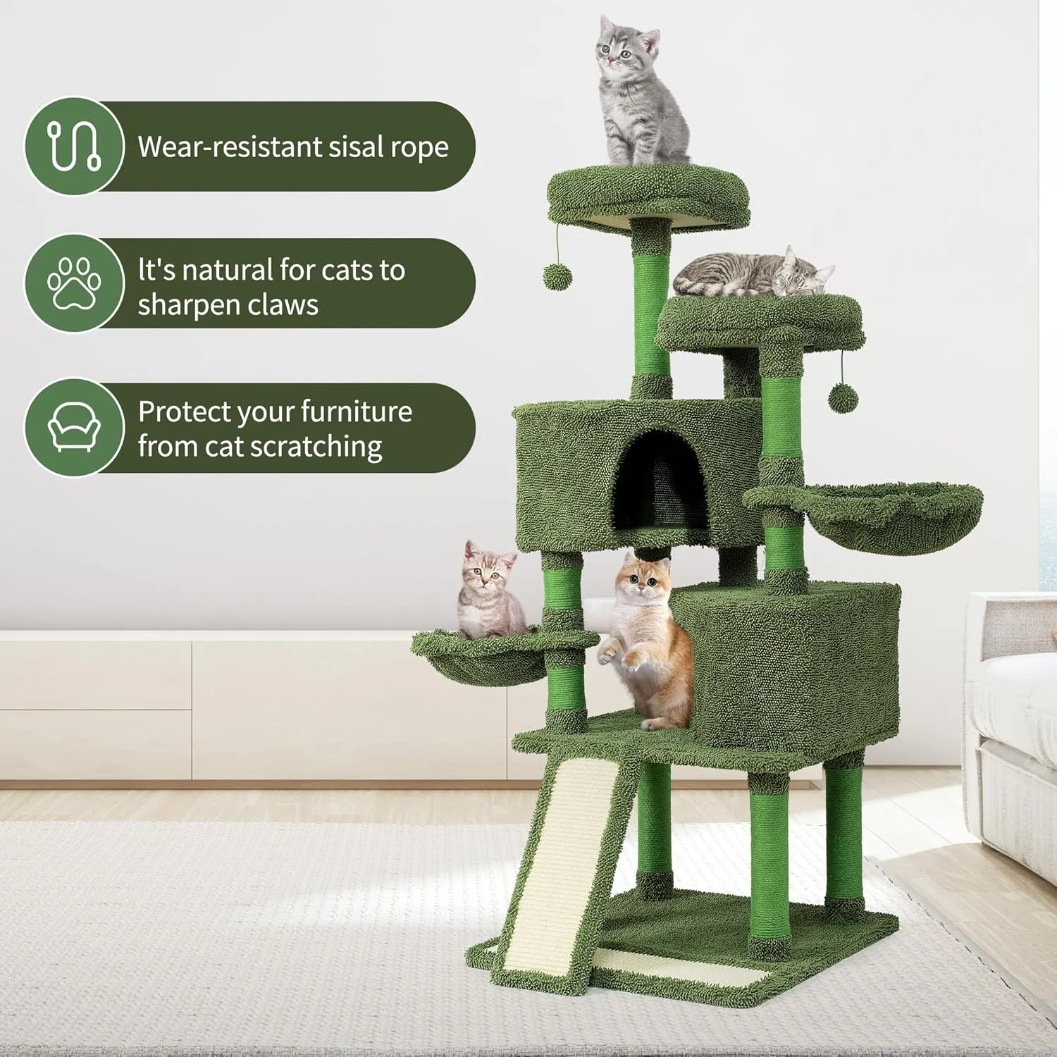 Mile High Life | Multi-Level Cat Tree Condo 58" for Large Cats | Hammock and Sisal Covered Scratching Post Tree for Kittens | Tall Cat Climbing Stand with Cute Hanging Ball & Toys for Play Houses