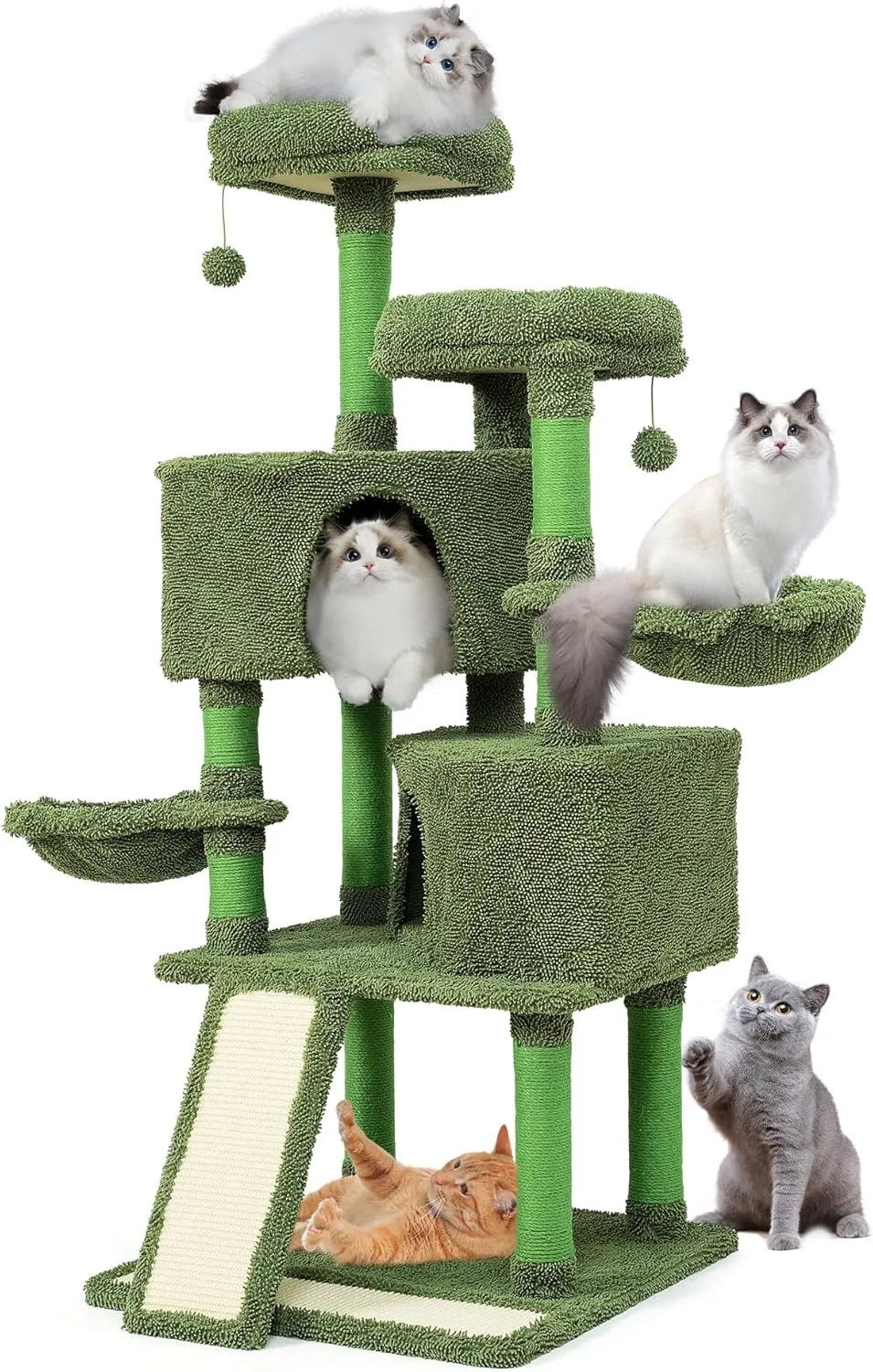 Mile High Life | Multi-Level Cat Tree Condo 58" for Large Cats | Hammock and Sisal Covered Scratching Post Tree for Kittens | Tall Cat Climbing Stand with Cute Hanging Ball & Toys for Play Houses