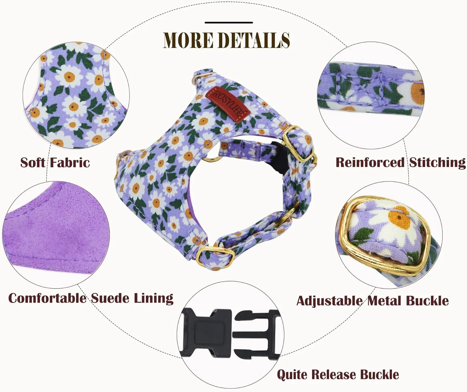 No Pull Dog Harness Adjustable Small Harness and Leash Set, Lightweight and Soft Dog Harness No Choke Escape Proof Pet Harness Vest (Purple Daisy, S)