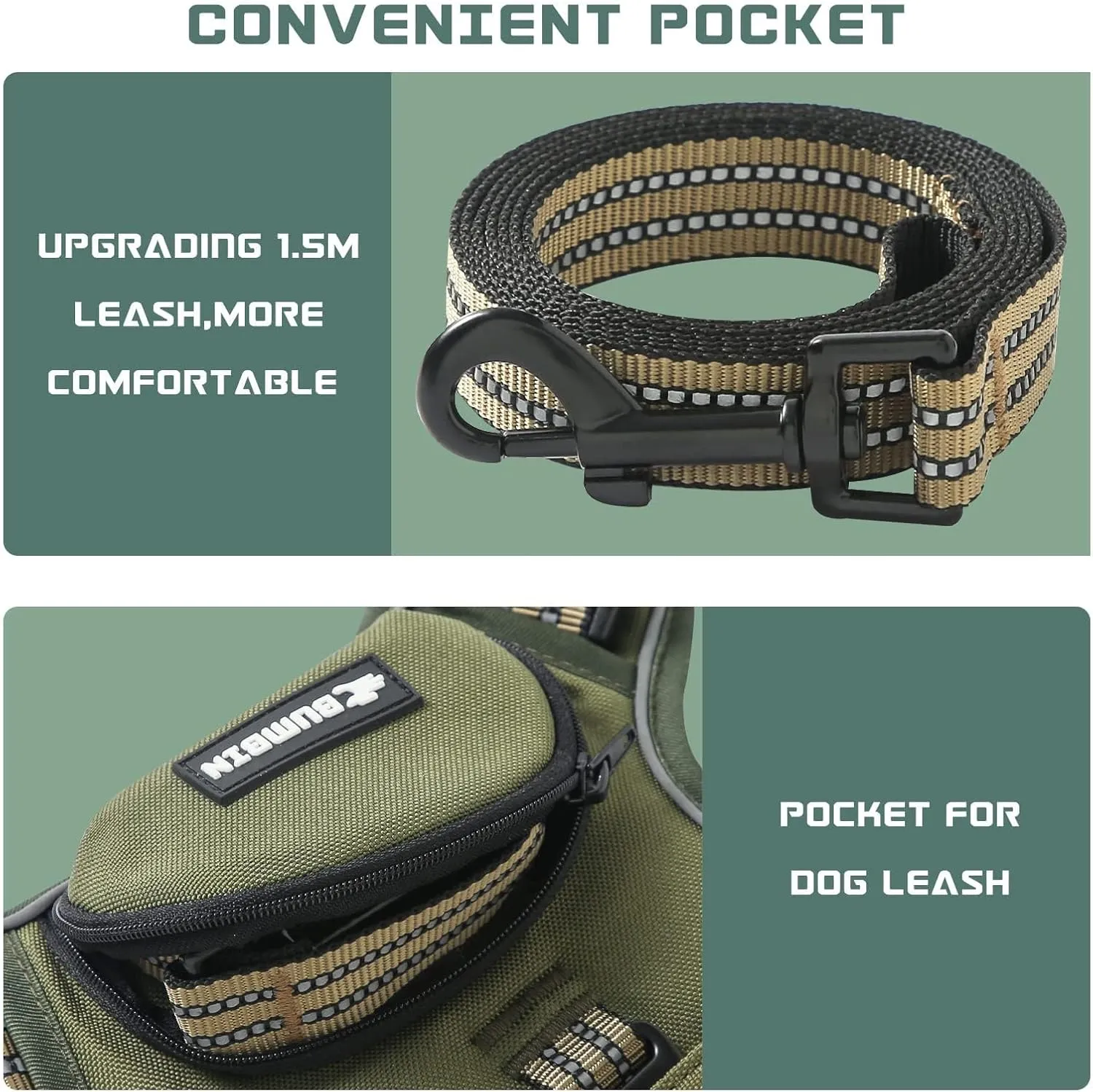 No Pull Dog Harness for Large Dogs, Adjustable No Choke Pet Vest with Dog Leash Fit Smart Reflective Pet Walking Harness for Training Easy Control Soft Handle Green L