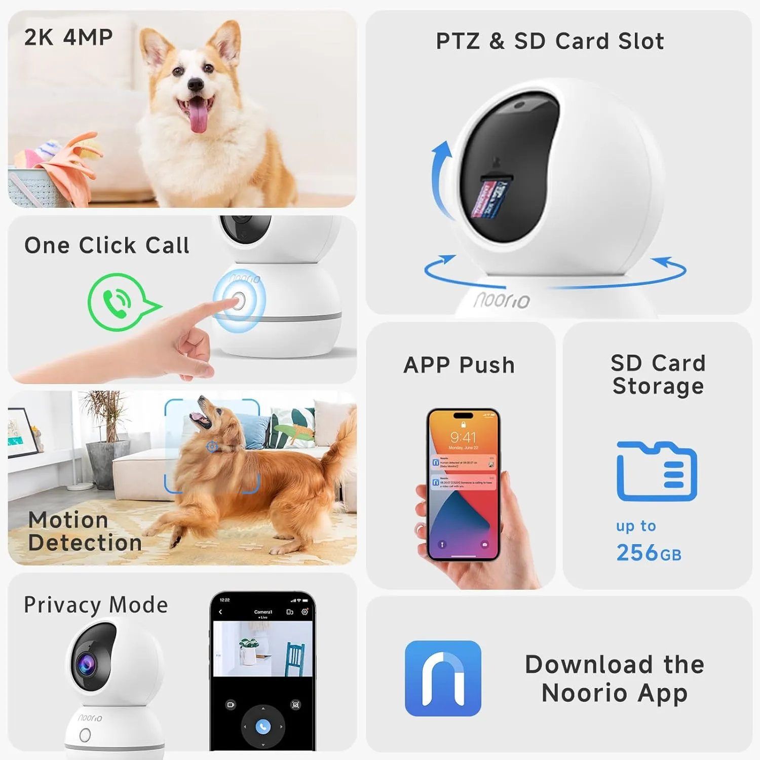 Noorio 2K Indoor Security Camera, Pet Camera with Speaker Pan&Tilt, One Click Call Baby Monitor Night Vision, Smart Motion Tracking Cam for Dogs, Plug-in 24/7 SD&Cloud Storage, CS201