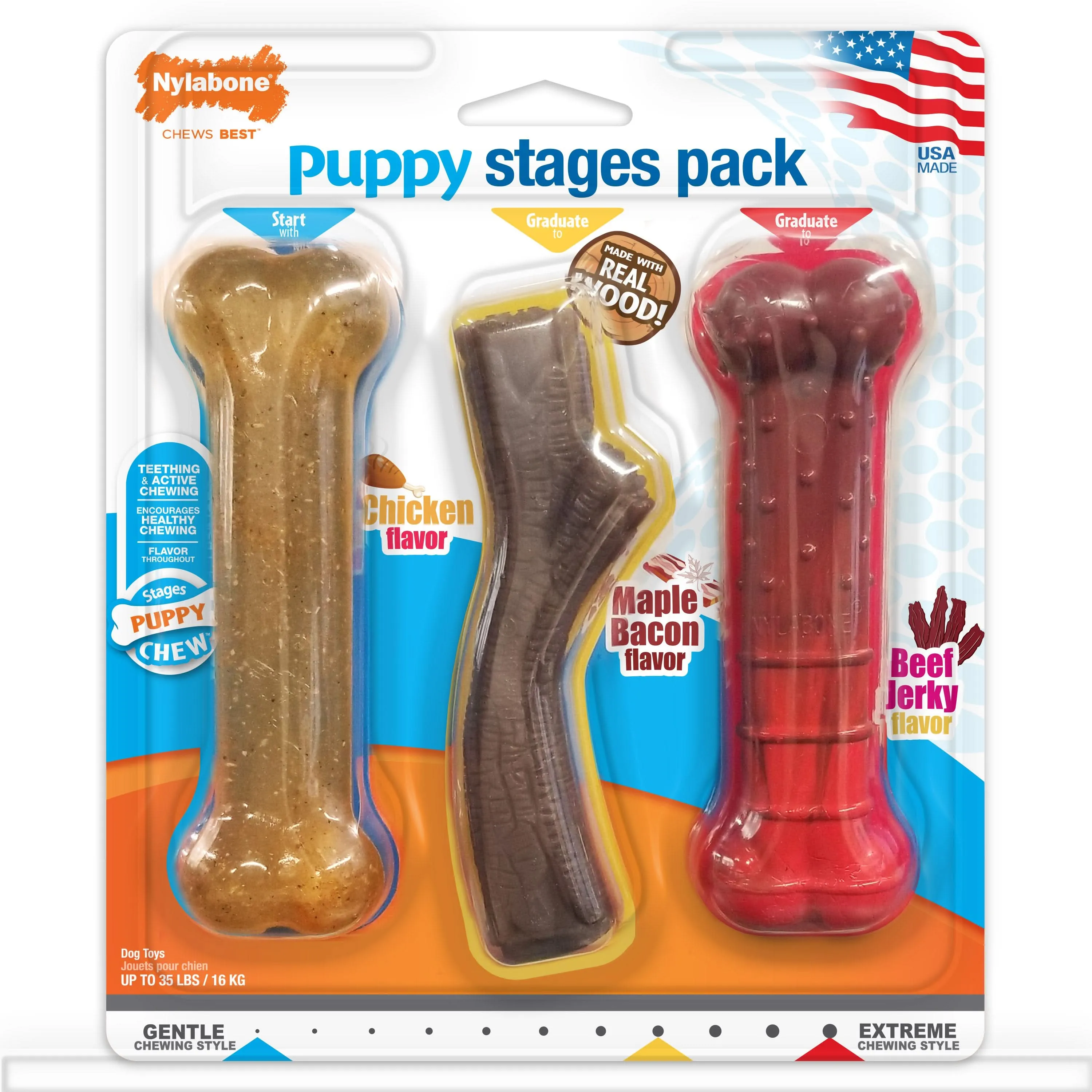 Nylabone Puppy Chew Stages Triple Pack Chewy Toys Chicken, Bacon, & Beef Jerky Medium/Wolf - Up to 35 lbs. (3 Count)