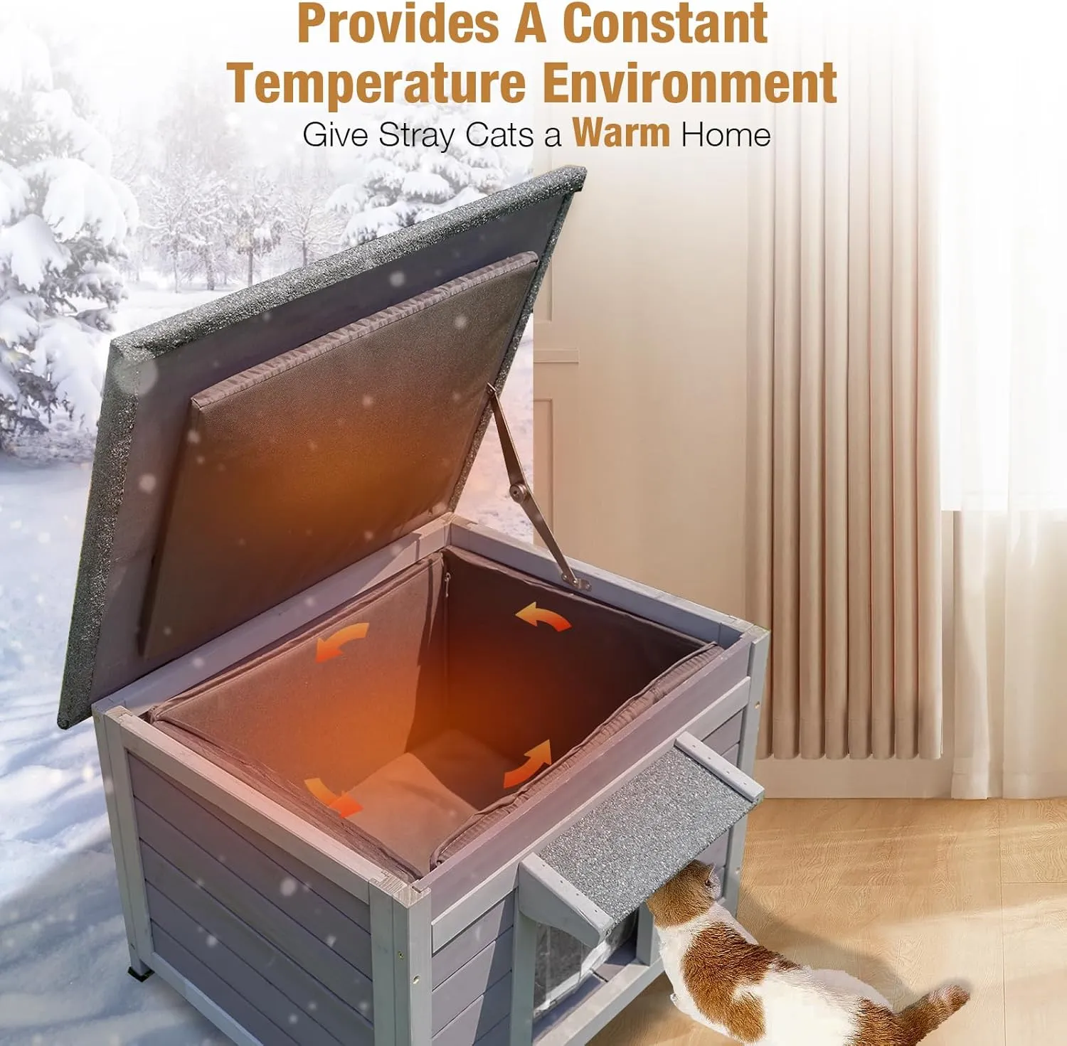 Outdoor Heated Cat House, Cat Shelter for Outside with Insulated Liner, Warming Cold Weather House for Winter