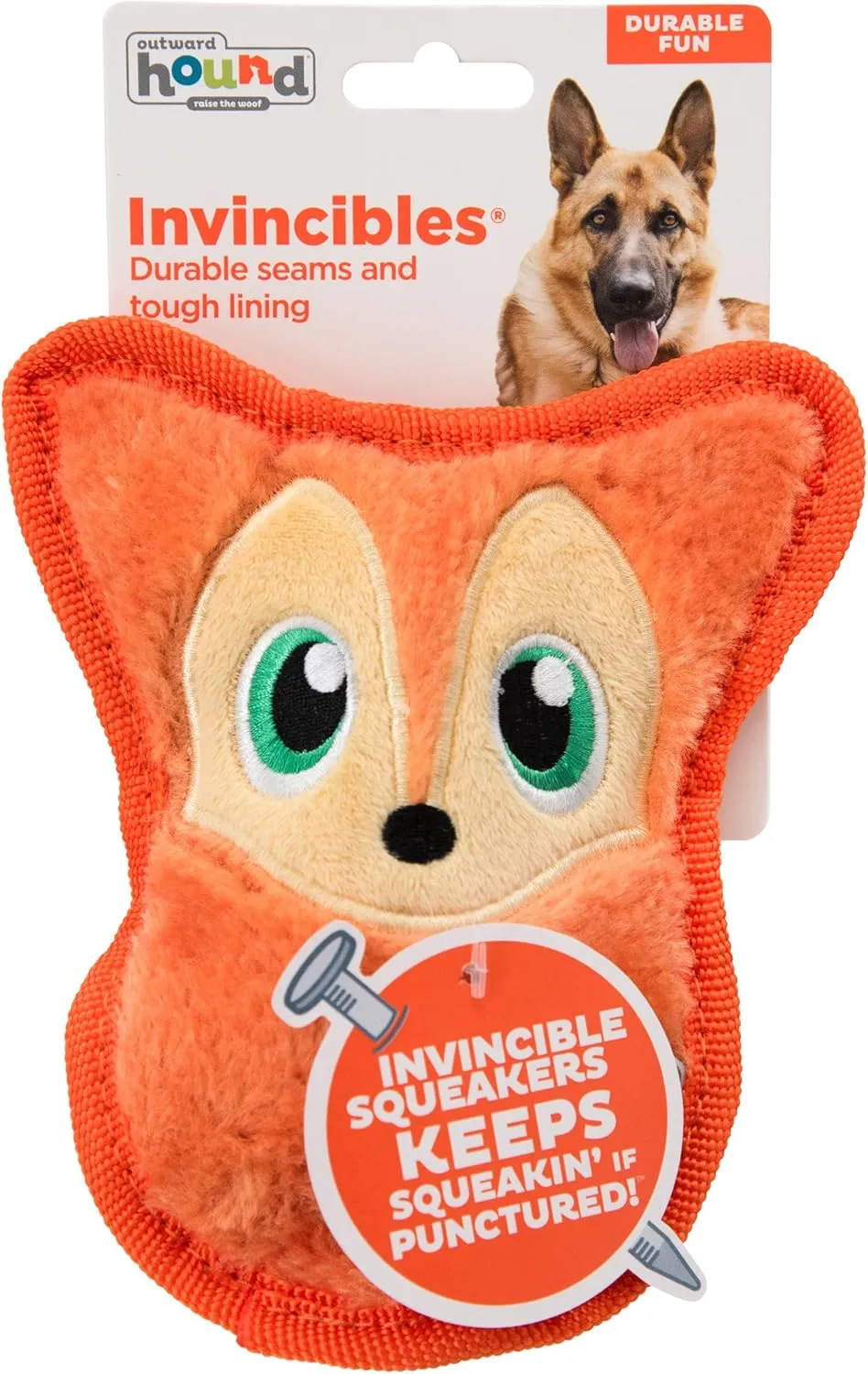 Outward Hound Durablez Minis Stuffing-Free Squeaky Interactive Dog Toy, Tough Plush, Fox, Orange, XS