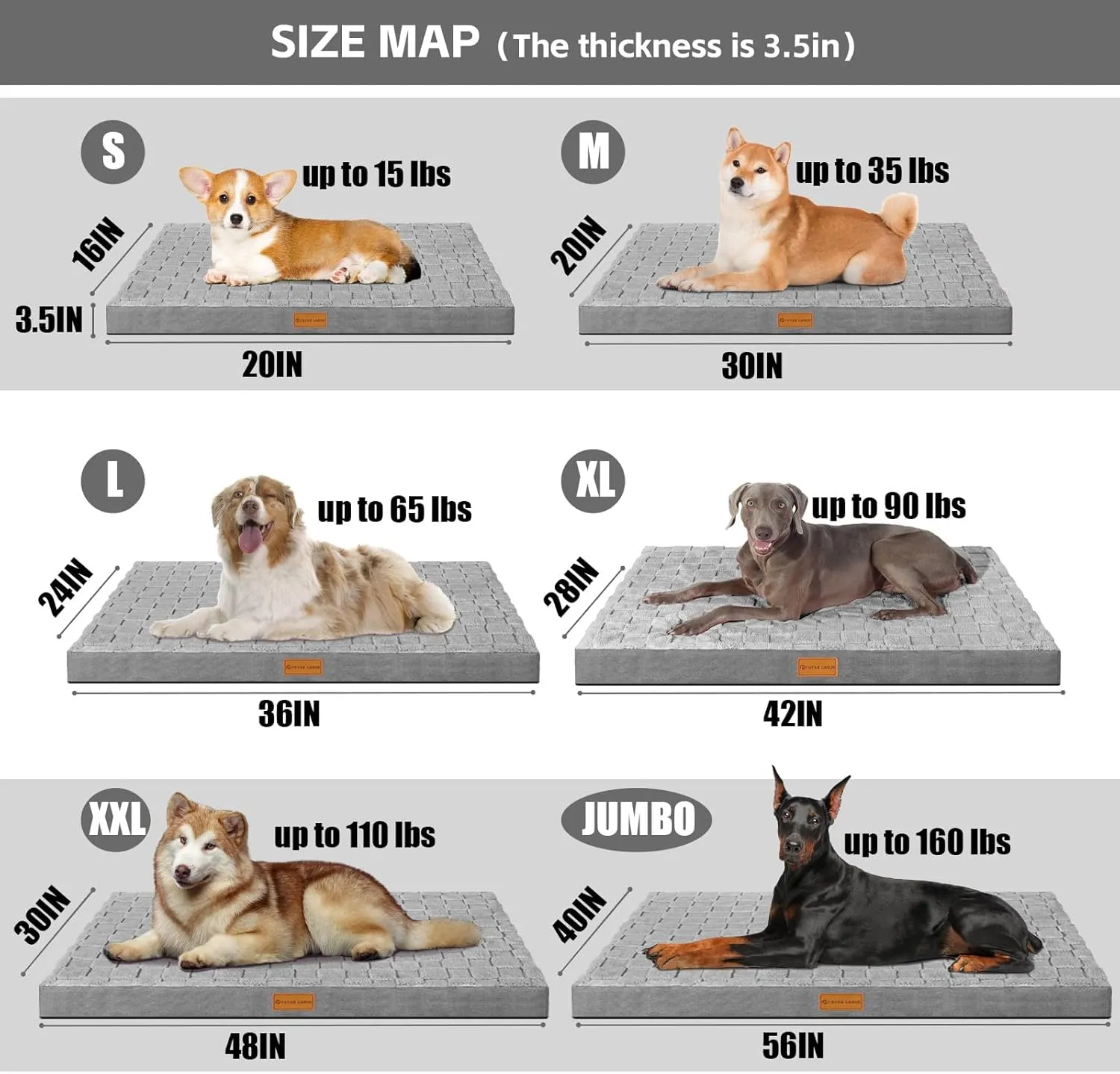 Patas Lague Orthopedic Jumbo Dog Bed for Extra Large Dogs 56''X40'', Waterproof Soft Warm Comfortable Egg Crate Foam Jumbo Pet Beds Mat with Removable Washable Cover and Nonskid Bottom, Grey