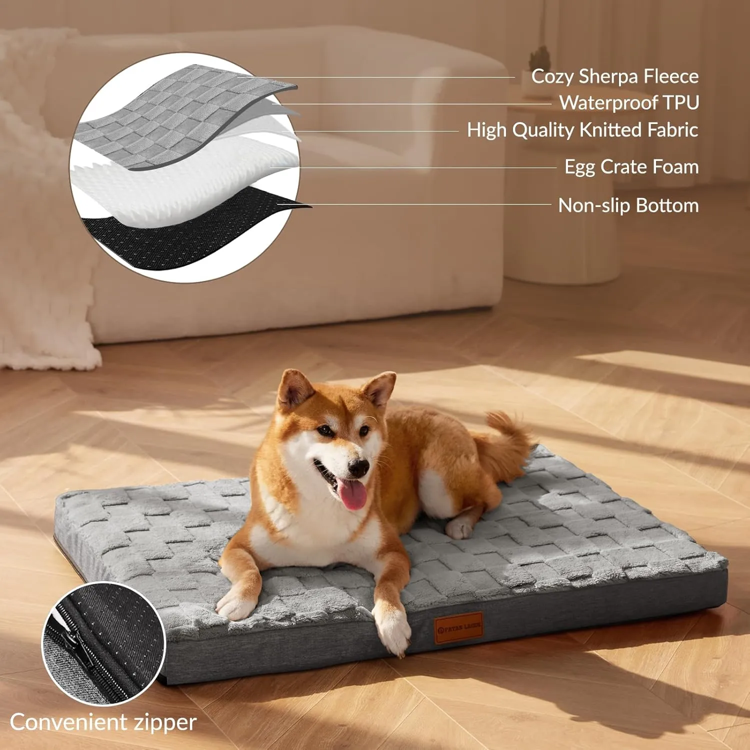 Patas Lague Orthopedic Jumbo Dog Bed for Extra Large Dogs 56''X40'', Waterproof Soft Warm Comfortable Egg Crate Foam Jumbo Pet Beds Mat with Removable Washable Cover and Nonskid Bottom, Grey