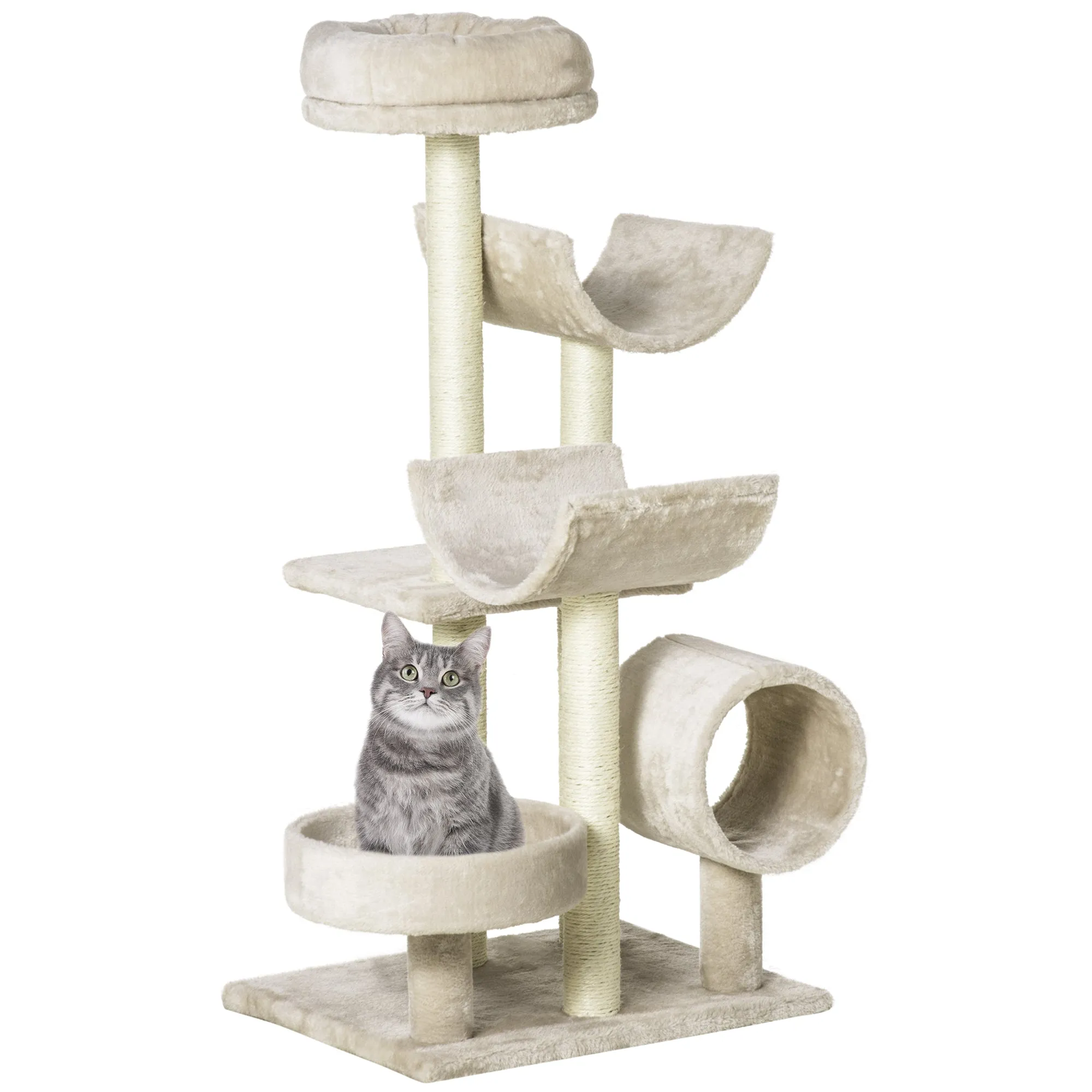 PawHut Cat Tree for Indoor Cats Kitten Pet Scratching Post Perch Activity Center Scratcher Climb Post Play House Arch with Tunnel 105cm Tall Beige