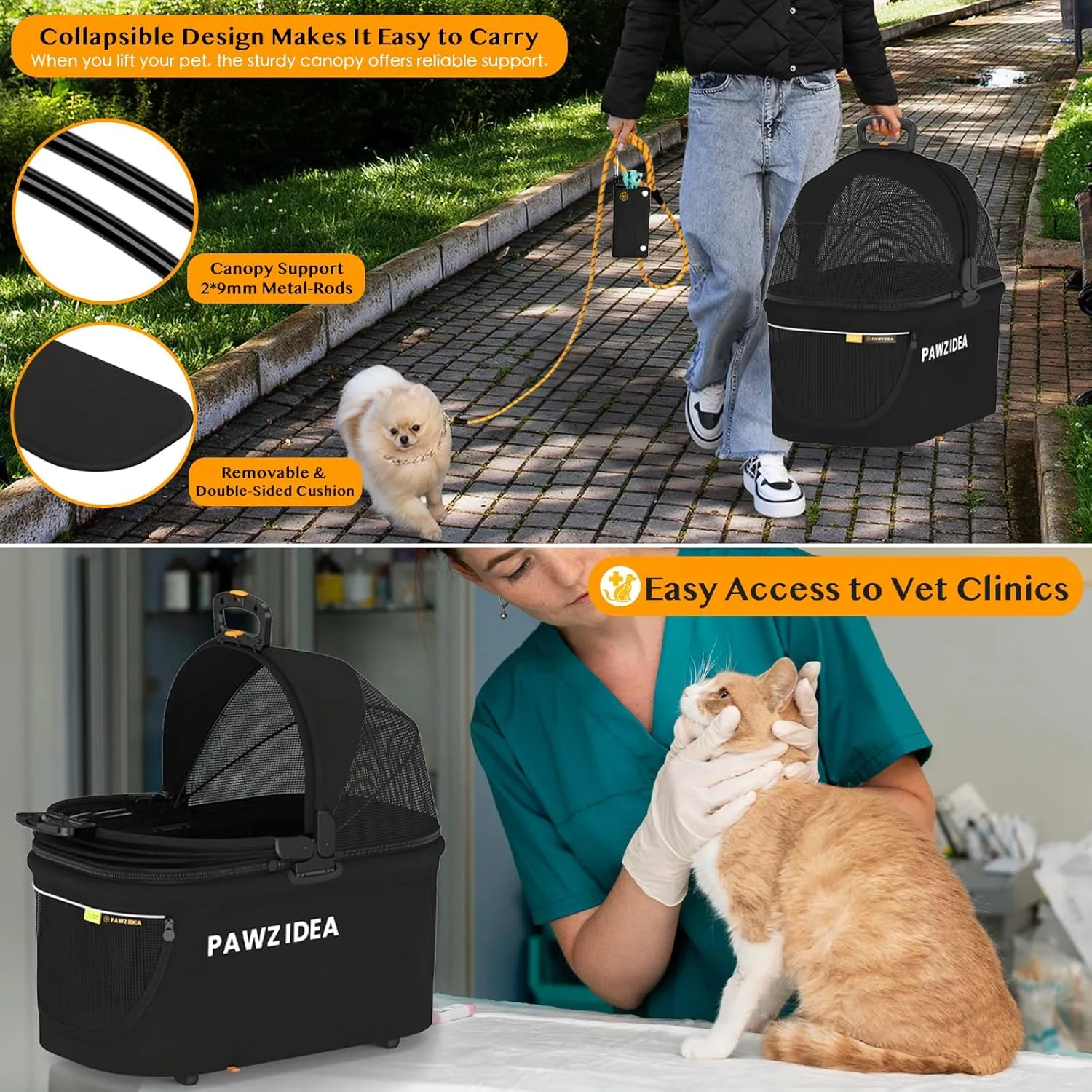 PAWZIDEA Pet Stroller 4 in 1, Dog Strollers for Small/Medium Dogs/Cats with Detachable Carrier NO-Zip Canopy, Seatbelt Puppy Car Seat Combo, Foldable & Lightweight Jogger Cat Strollers, Storage Basket