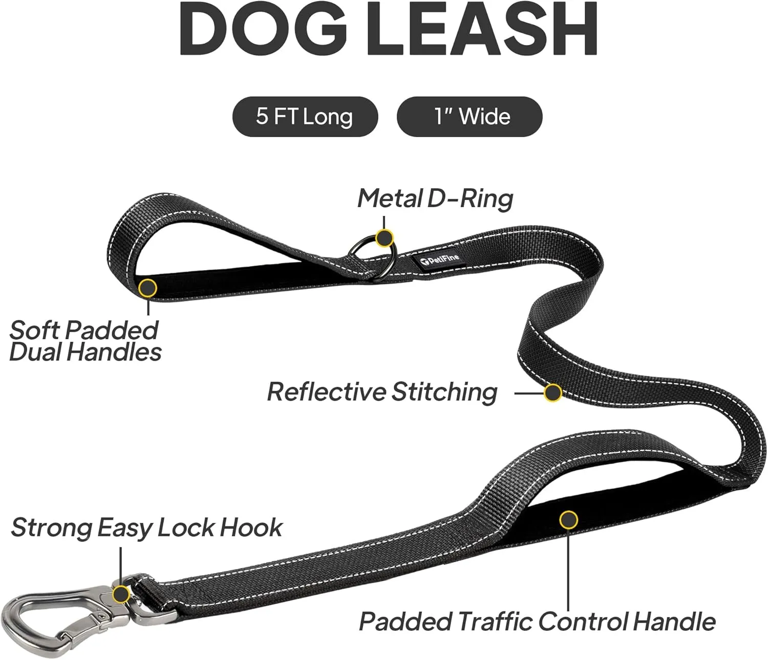 PetiFine 5FT Heavy Duty Dog Leash with Soft Padded Double Handle, Durable Strong Clasp Dog Leashes, Reflective Nylon Walking Lead for Large,Medium,Small Breed Dogs, Black