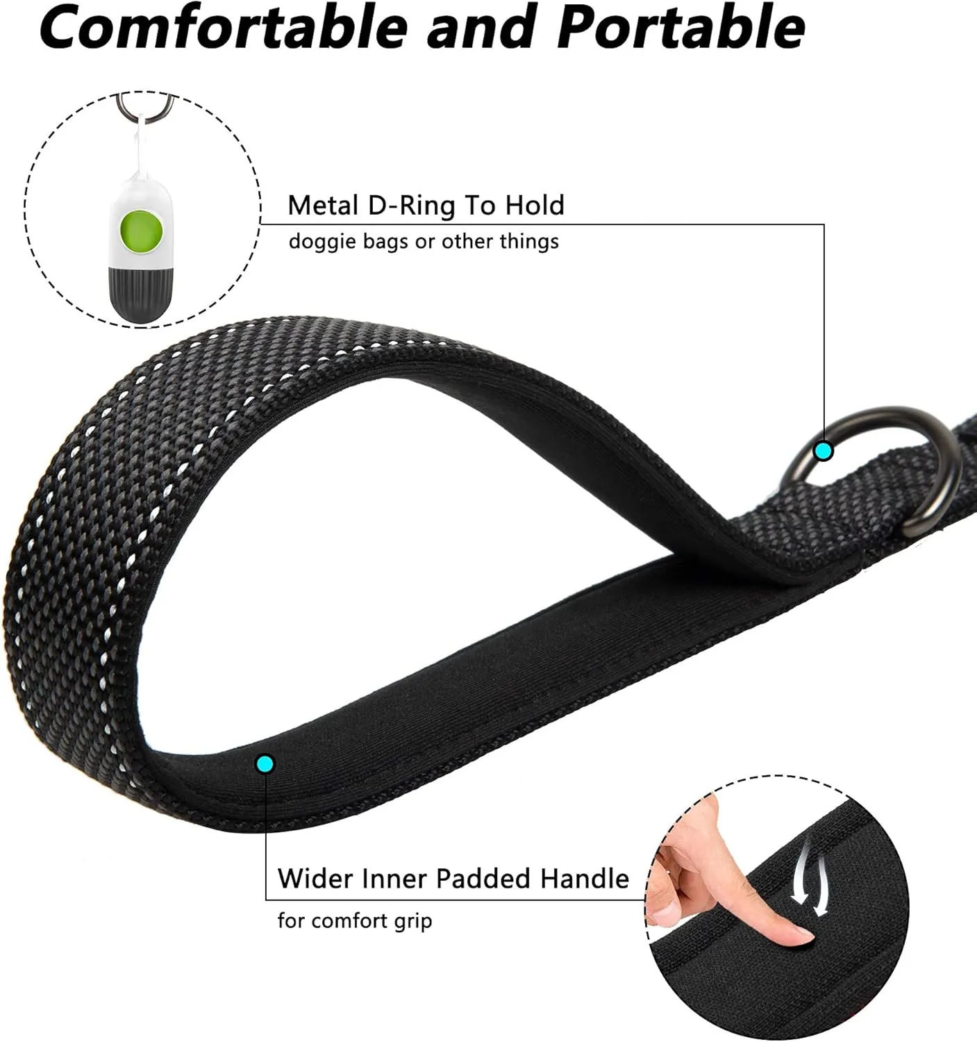 PetiFine 5FT Heavy Duty Dog Leash with Soft Padded Double Handle, Durable Strong Clasp Dog Leashes, Reflective Nylon Walking Lead for Large,Medium,Small Breed Dogs, Black