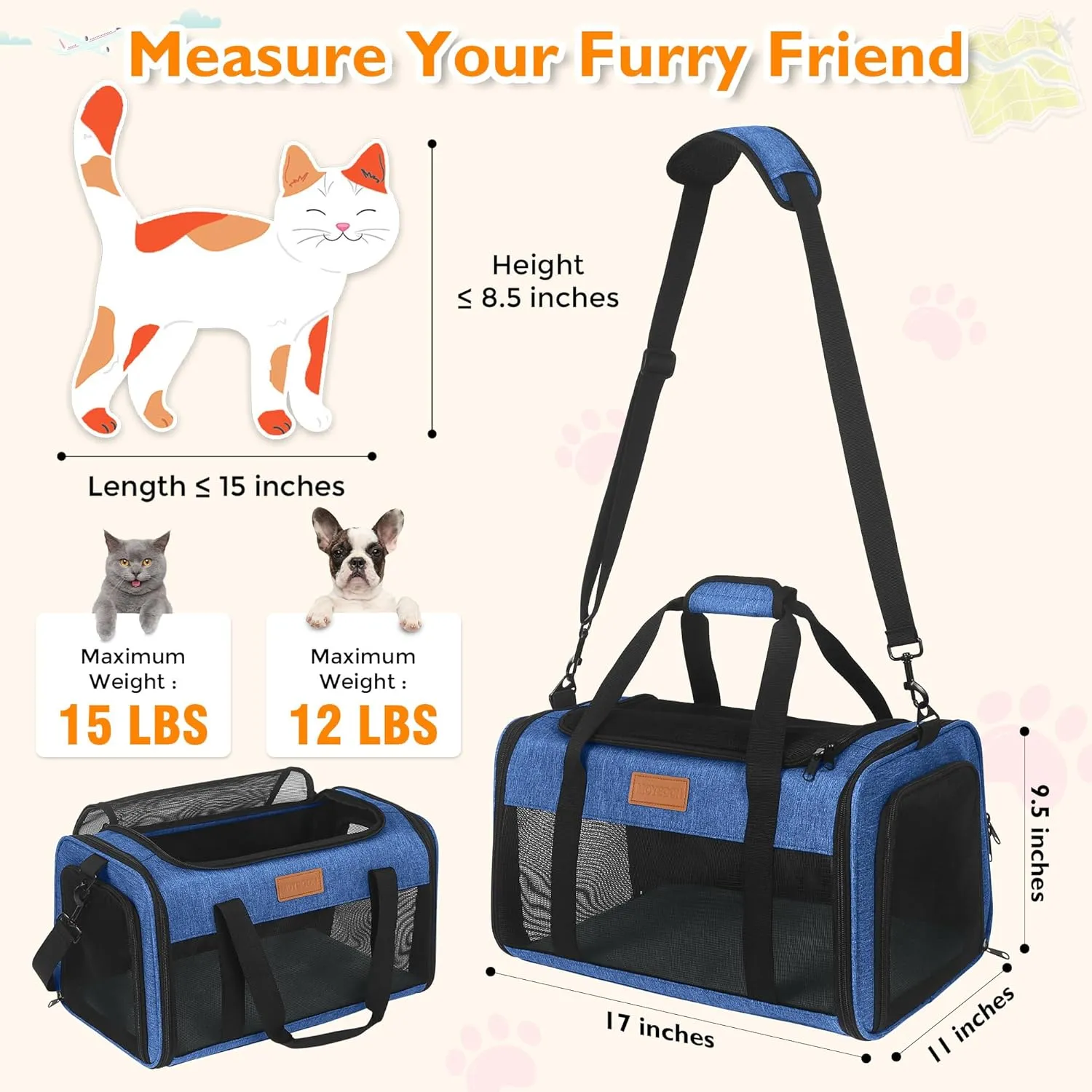 PETUX TSA Approved Pet Carrier in Cabin, 17"x11"x9.5" Soft Cat Carriers for Small Cats Up to 15 Lbs, Top Open Portable Pet Carrier Airline Approved with Anti-Scratch Mesh for Travel, Vet Visit (Blue)